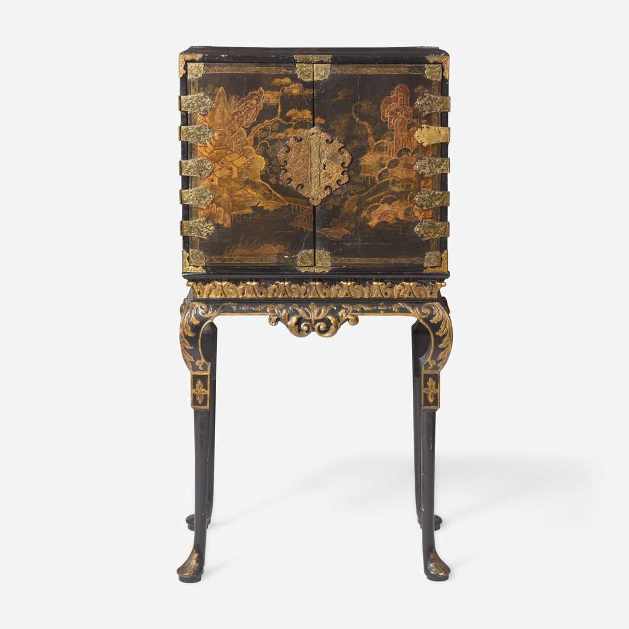 A Chinese Export gilt-decorated black lacquer table cabinet on a George I gilt-decorated and ebonized stand 18th century