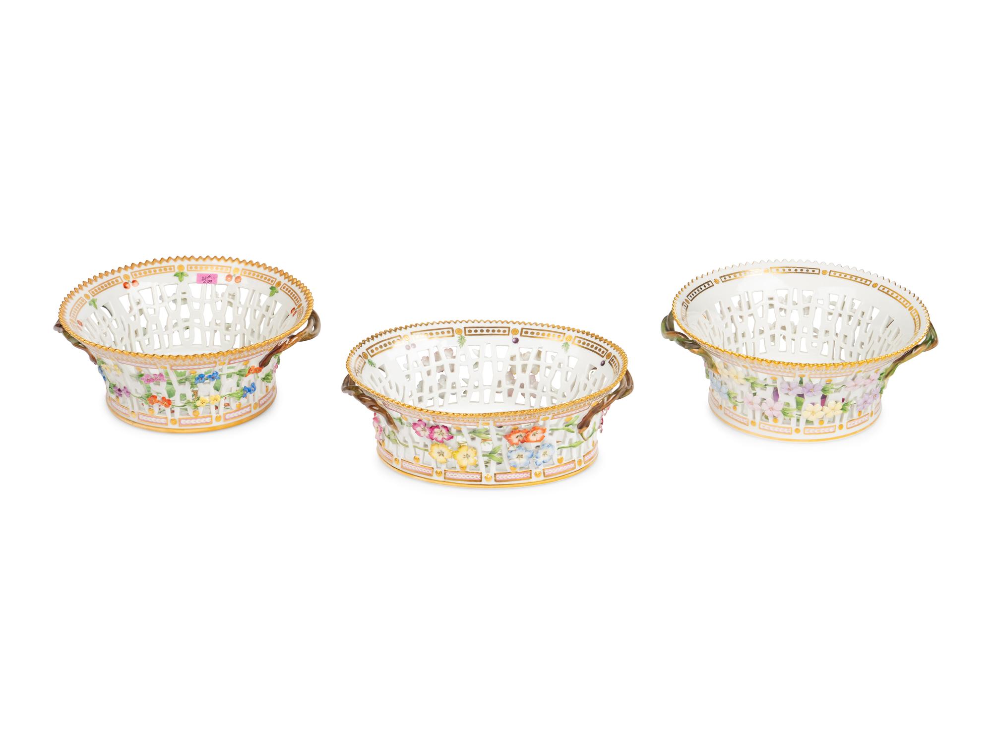 A Group of Three Royal Copenhagen Flora Danica Porcelain Fruit Baskets