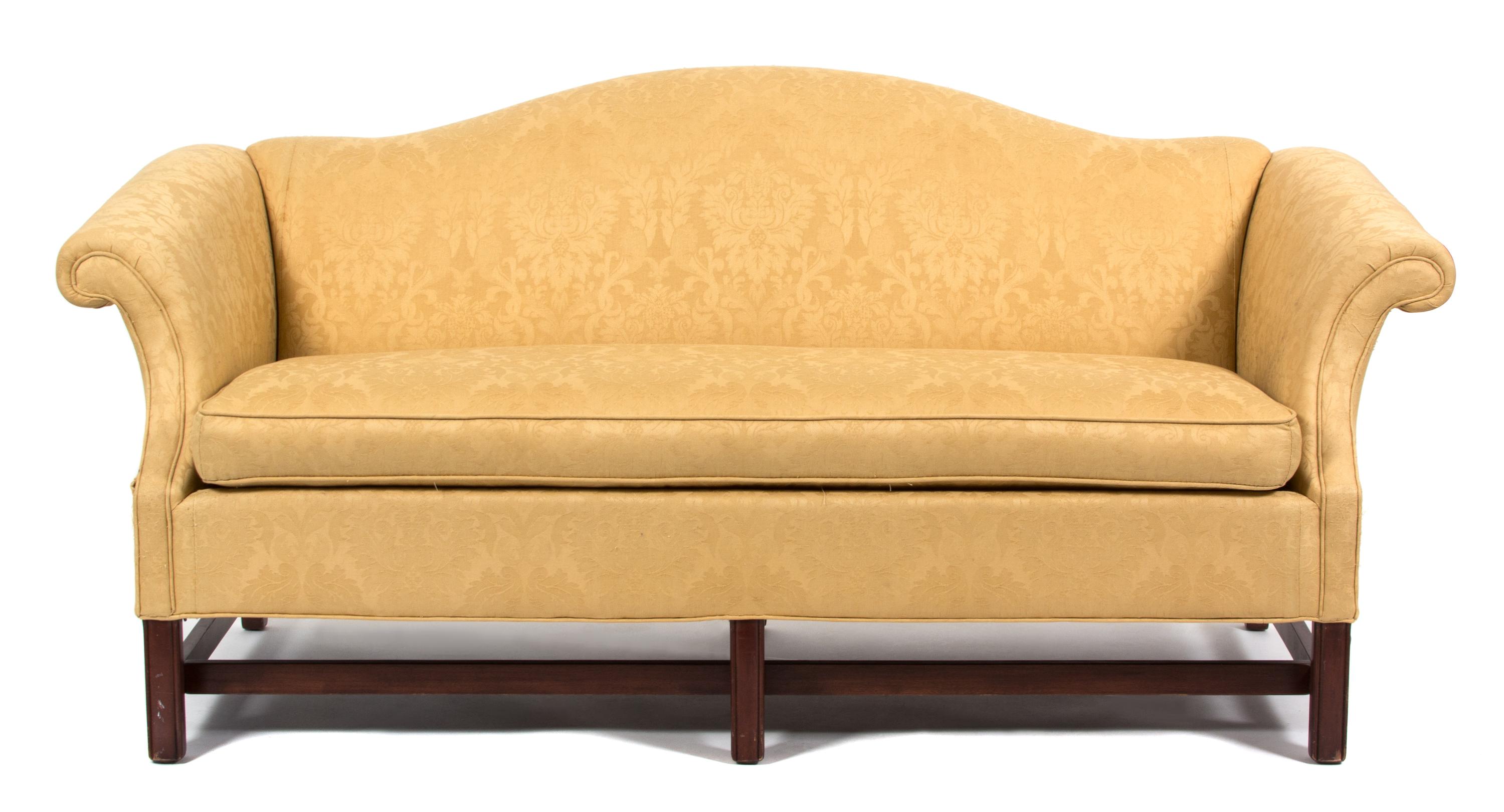 A George II Style Mahogany Camelback Sofa Width 71 inches. — 20TH CENTURY