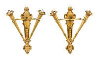 A Pair of Continental Gilt Bronze Two-Light Sconces Height 23 inches.