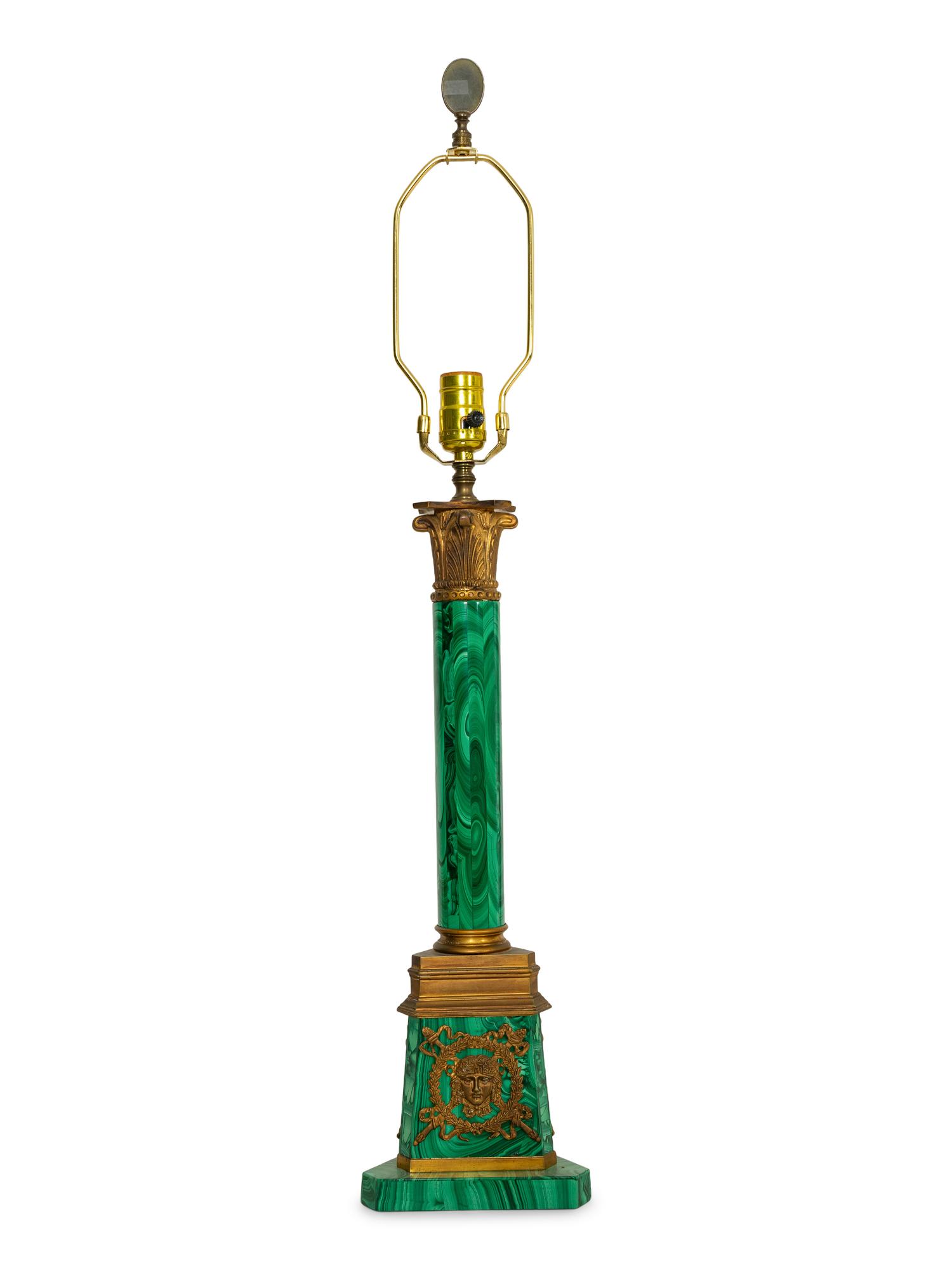 A Gilt Bronze Mounted Malachite Lamp and a French Cut Glass Columnar Lamp