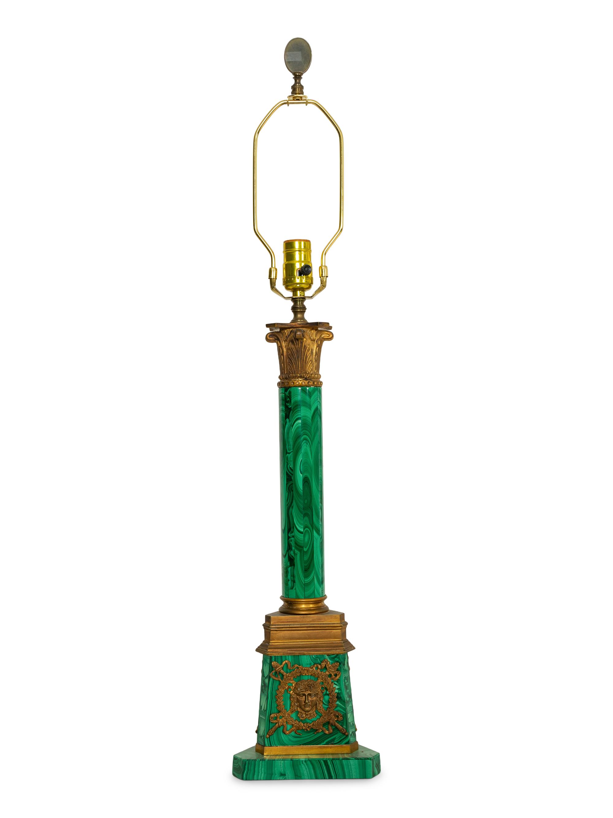 A Gilt Bronze Mounted Malachite Lamp and a French Cut Glass Columnar Lamp