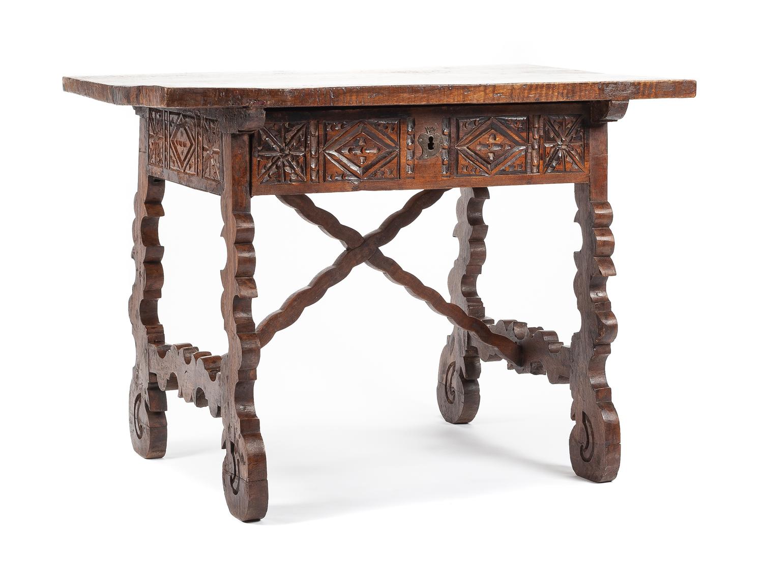 A Spanish Baroque Walnut Work Table Height 32 x width 43 x depth 28 1/2 inches. — 17TH/18TH CENTURY AND LATER