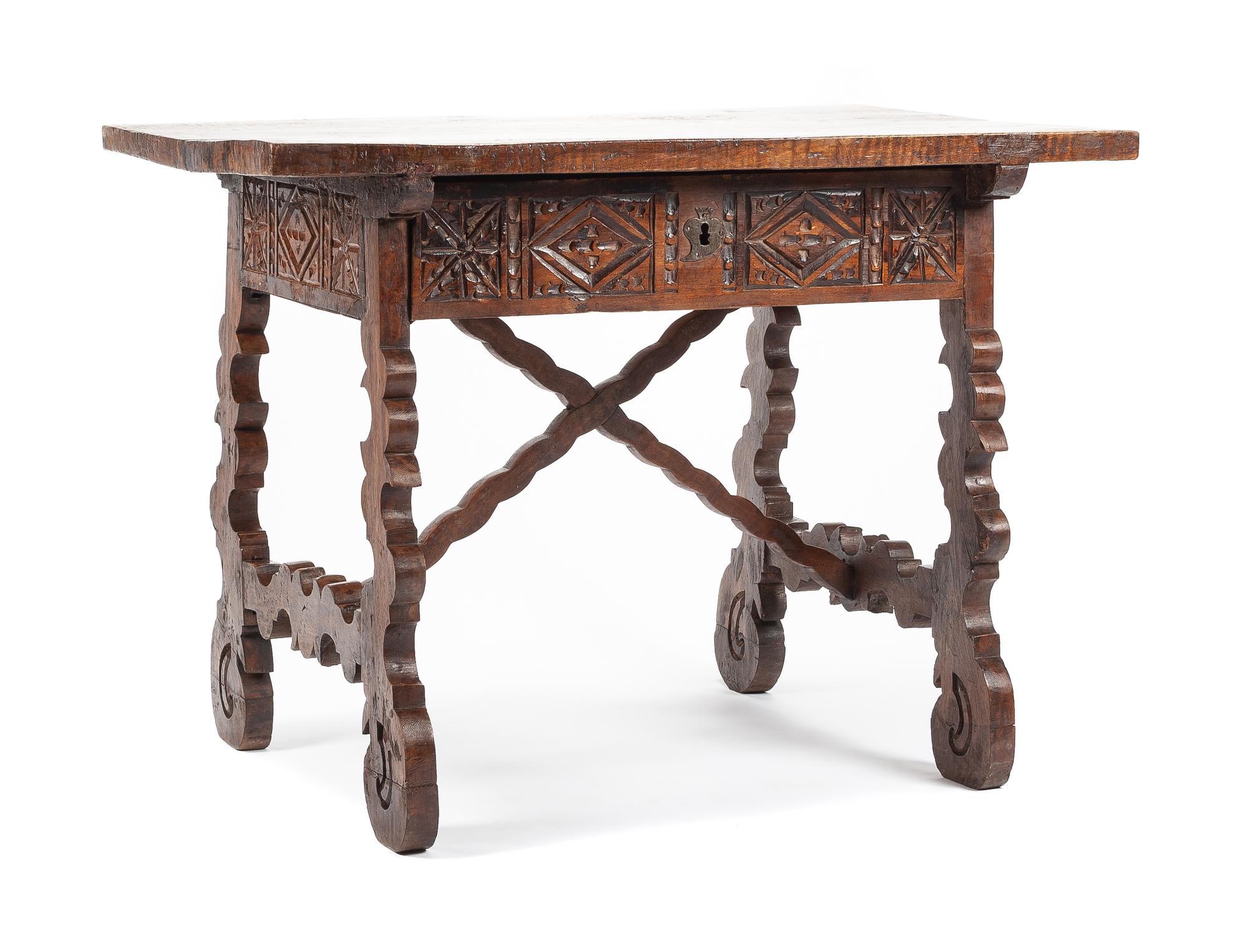 A Spanish Baroque Walnut Work Table Height 32 x width 43 x depth 28 1/2 inches. — 17TH/18TH CENTURY AND LATER