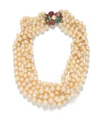 A 14 Karat Yellow Gold, Multigem and Cultured Pearl Multistrand Necklace, 101.60 dwts.