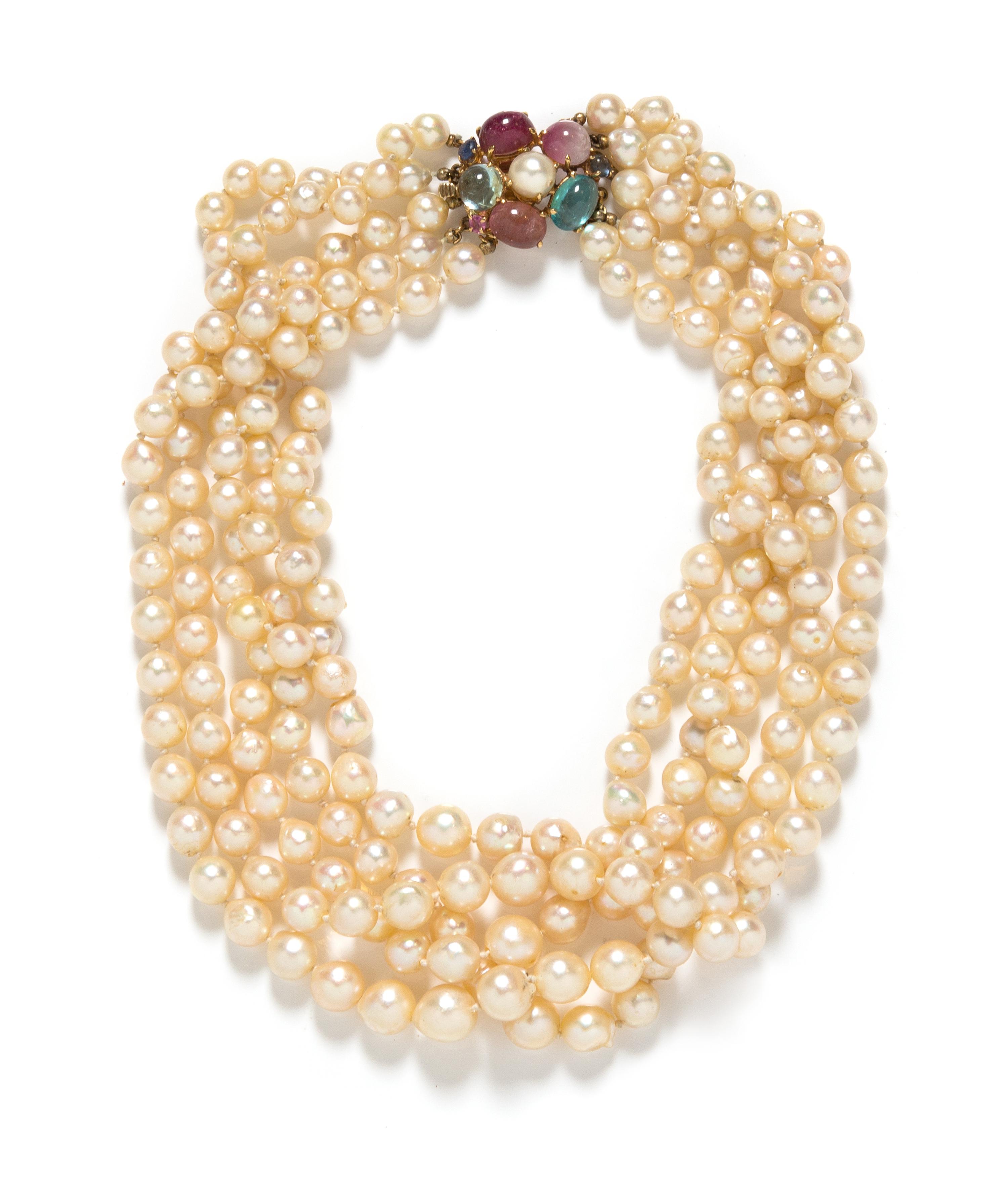 A 14 Karat Yellow Gold, Multigem and Cultured Pearl Multistrand Necklace, 101.60 dwts.