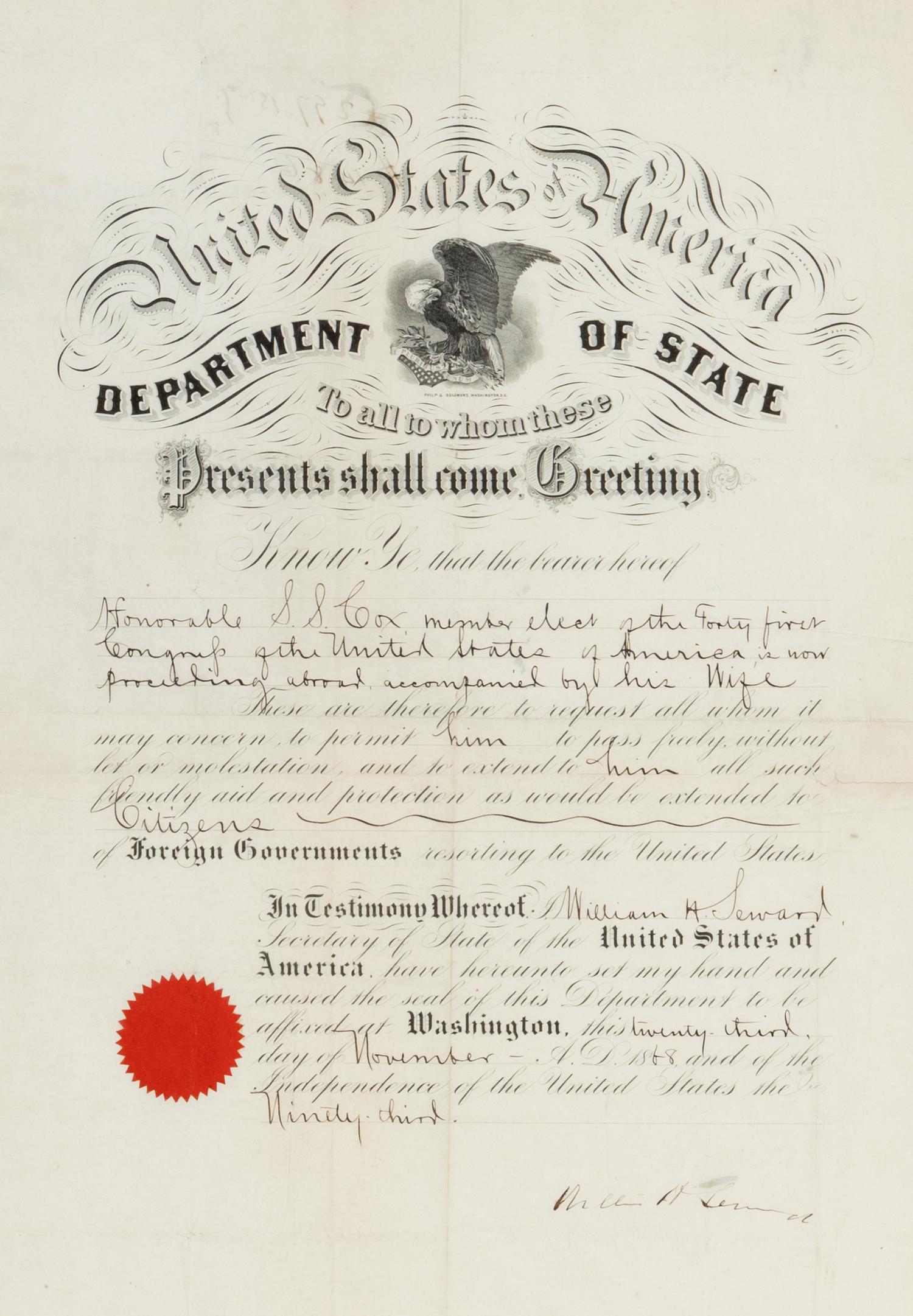 Seward, William Henry (1801-1872). Partly engraved document signed ("William H. Seward"), 23 November 1868.
