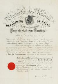 Seward, William Henry (1801-1872). Partly engraved document signed ("William H. Seward"), 23 November 1868.