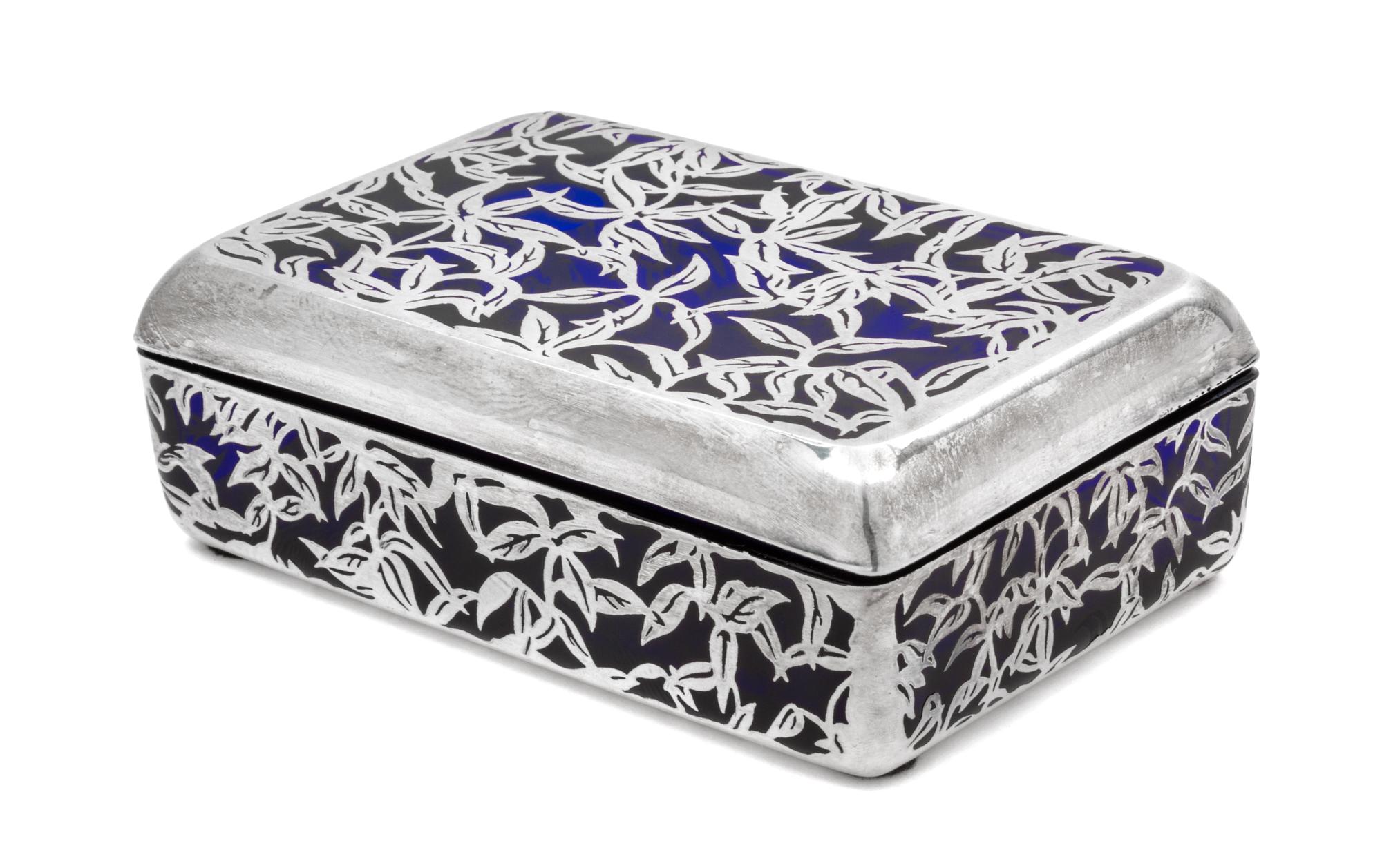 A Silver Overlay Glass Covered Box Width 6 1/4 inches.