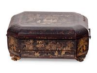 A Chinese Export Parcel Gilt and Black Lacquer Chinoiserie Octagonal Document Box