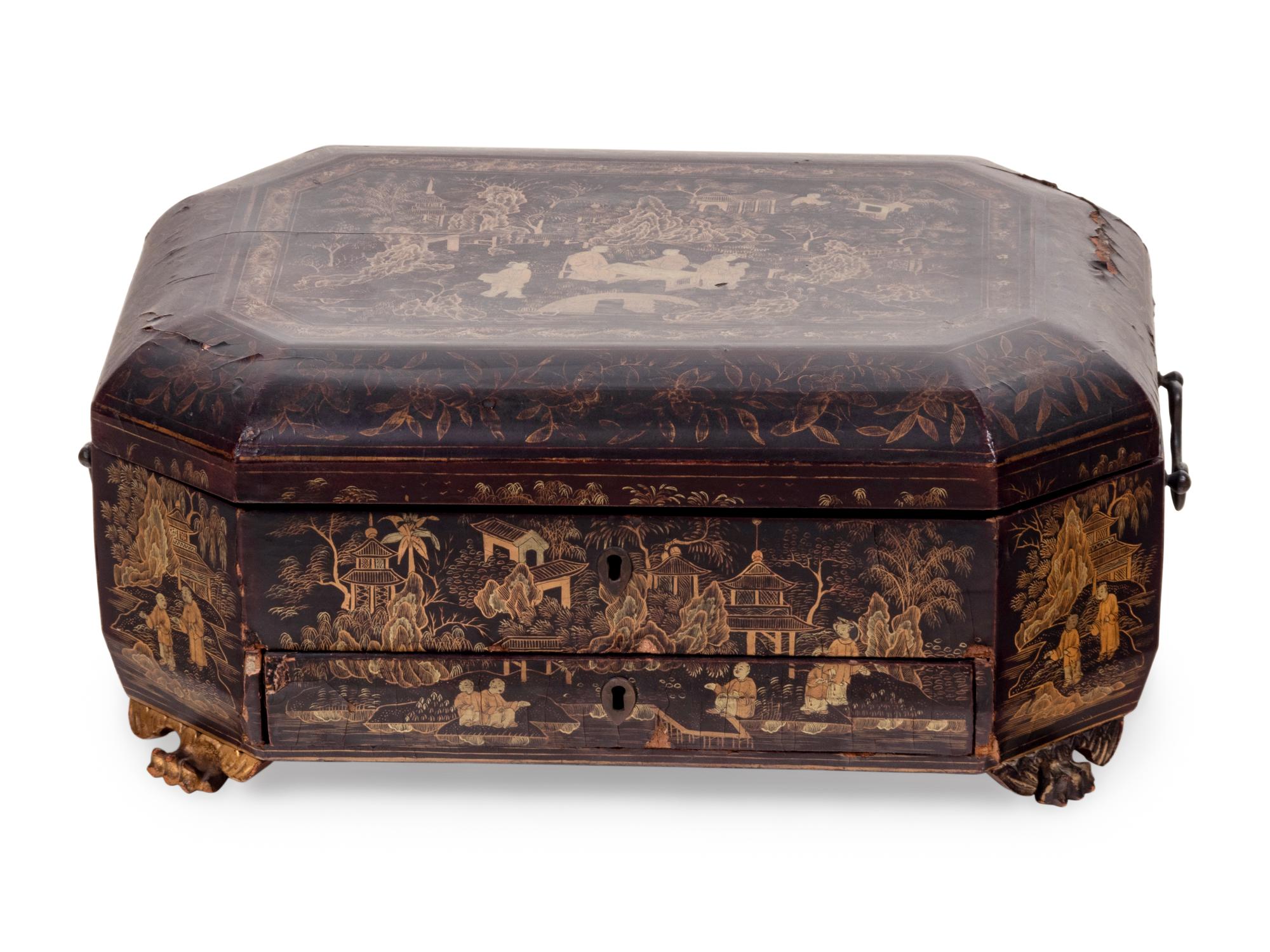 A Chinese Export Parcel Gilt and Black Lacquer Chinoiserie Octagonal Document Box