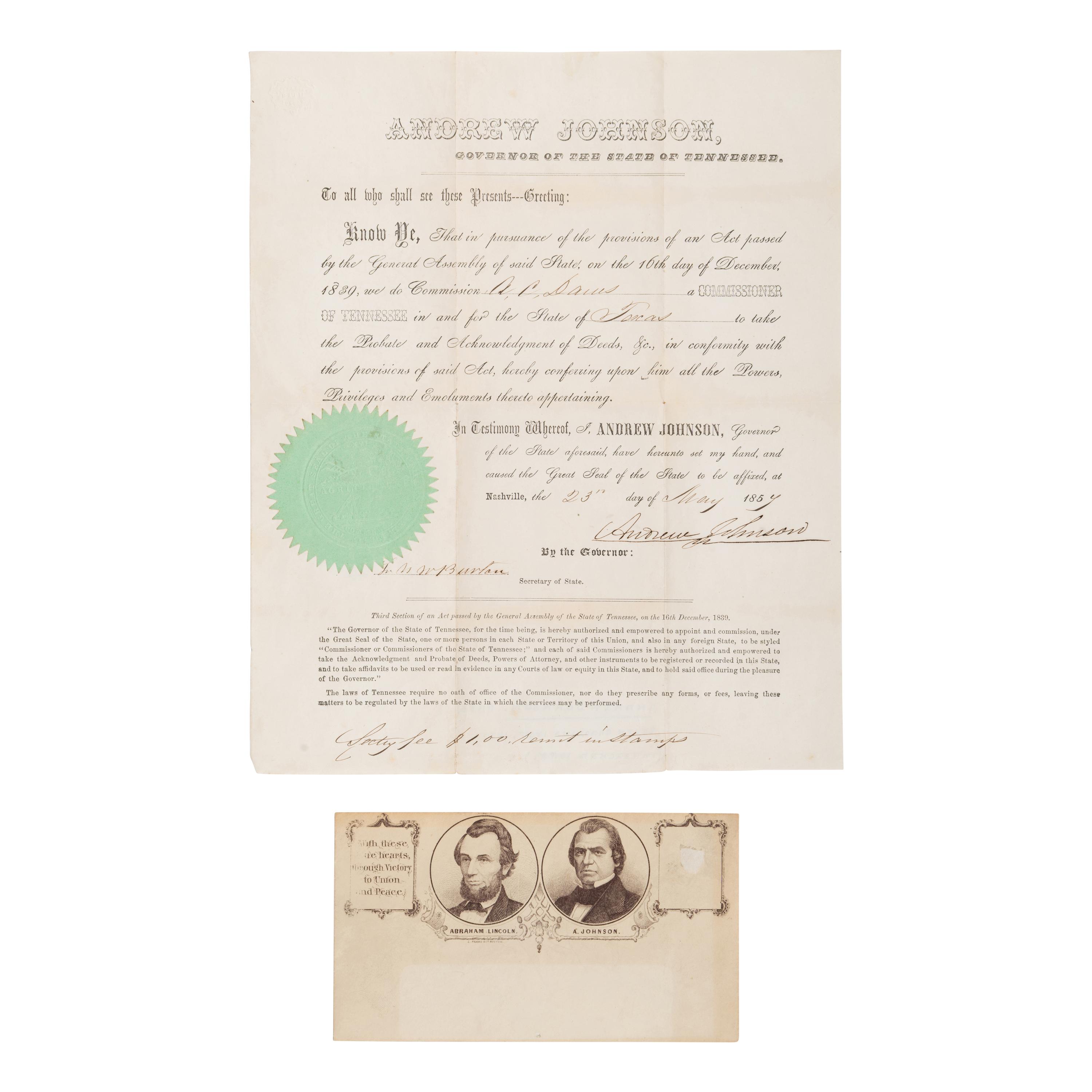 Johnson, Andrew (1808-1875). Partly engraved document signed ("Andrew Johnson"), Nashville, 23 May 1854.