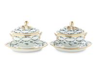 A Pair of English Porcelain Covered Sauce Tureens with Attached Underplates