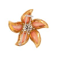 YELLOW GOLD, CORAL AND DIAMOND FLOWER BROOCH