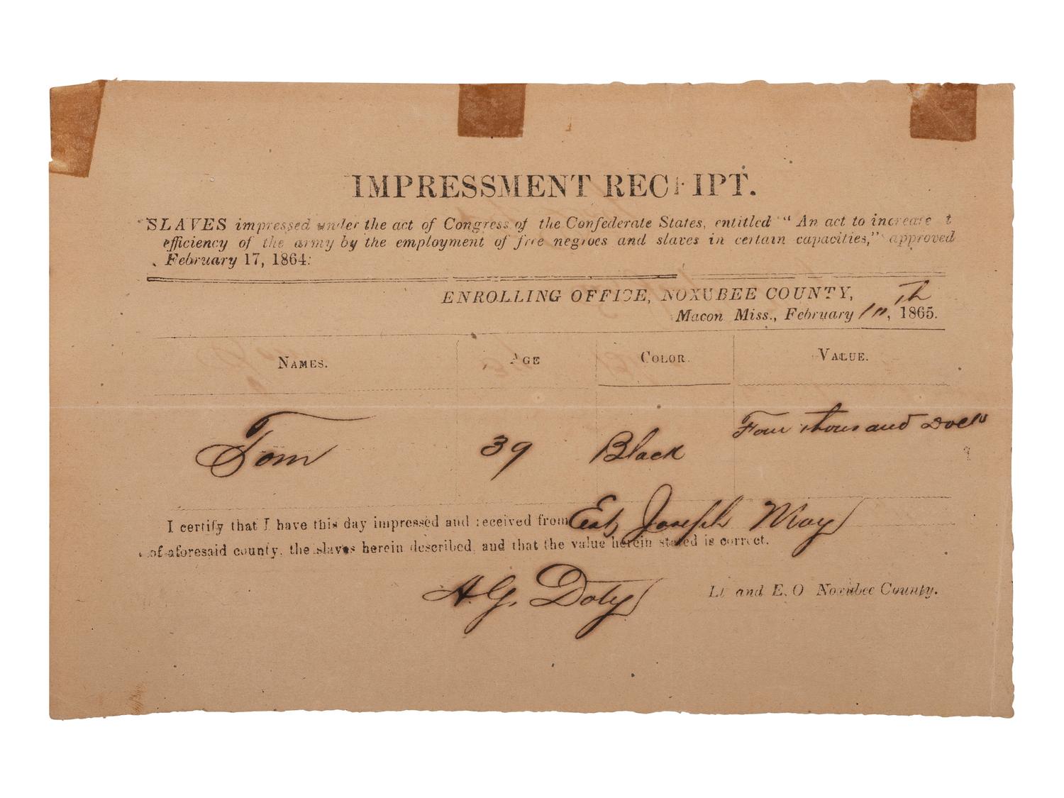 [CIVIL WAR]. "Impressment Receipt" for identified enslaved man. Macon, Mississippi, 11 Feb. 1865.