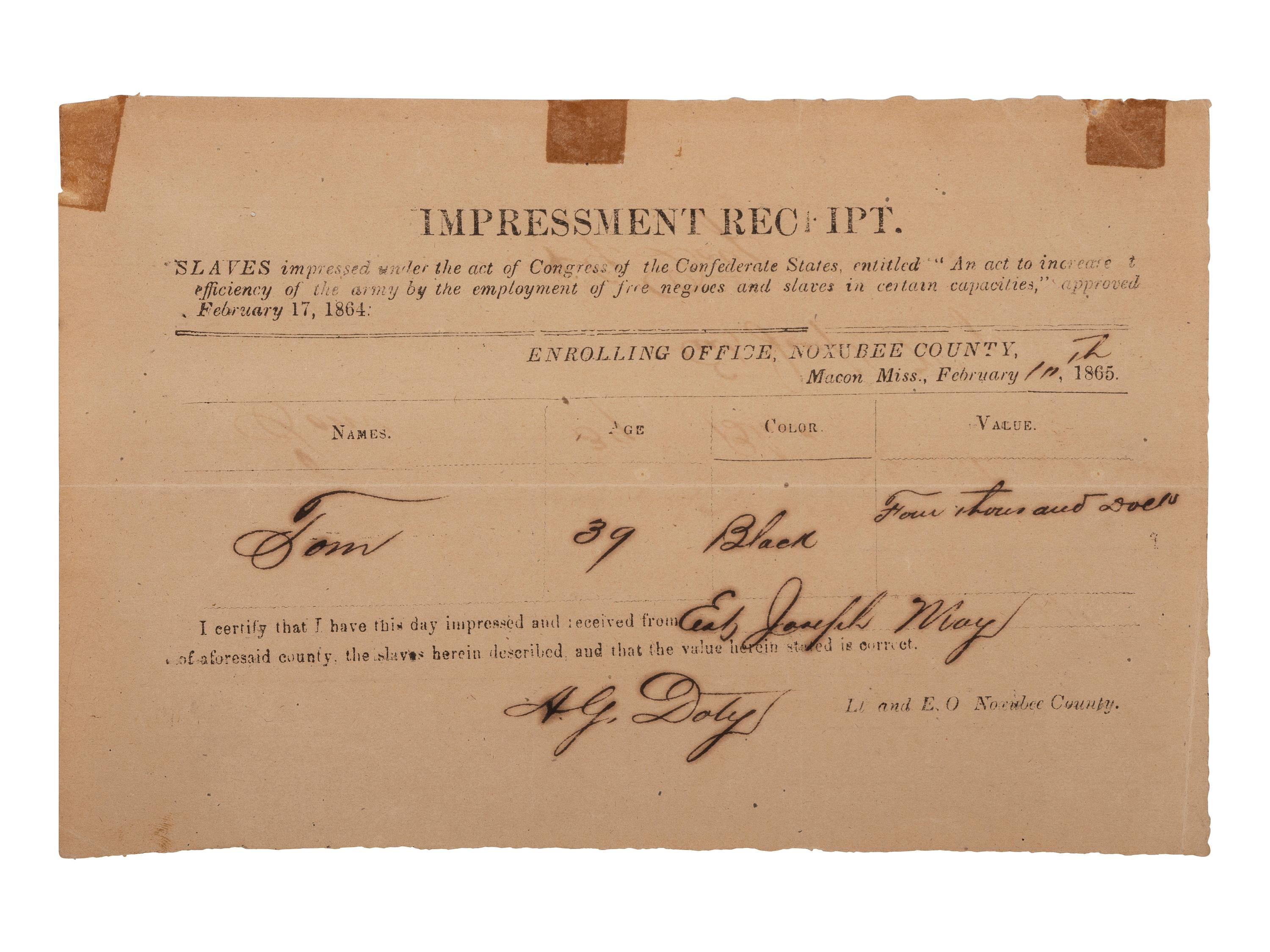 [CIVIL WAR]. "Impressment Receipt" for identified enslaved man. Macon, Mississippi, 11 Feb. 1865.