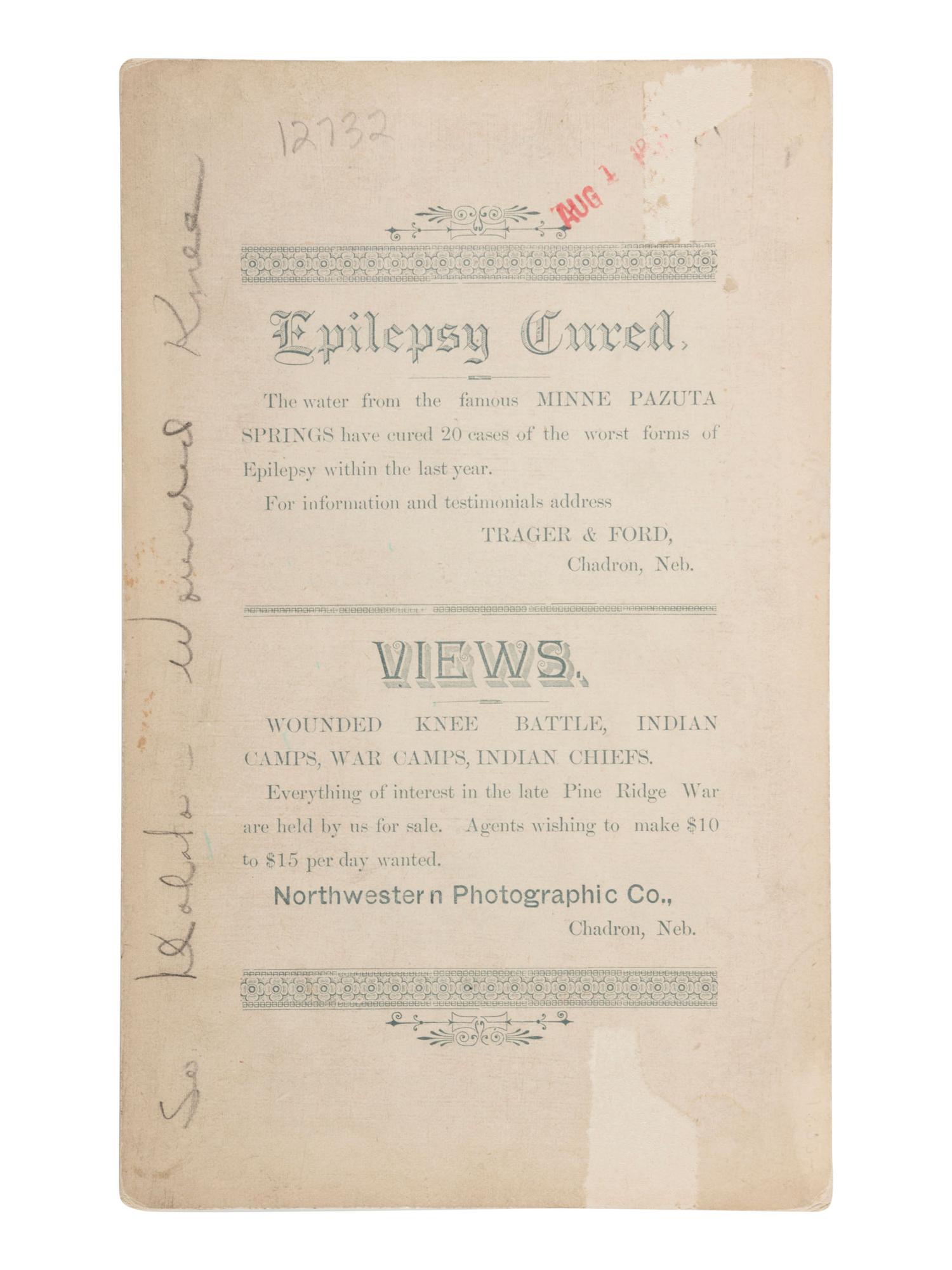 [LATE INDIAN WARS]. TRAGER & FORD, photographers. Boudoir photograph of General Nelson Miles and Buffalo Bill Cody at Wounded Knee. Chadron, Nebraska: Northwestern Photographic Co., January 1891.