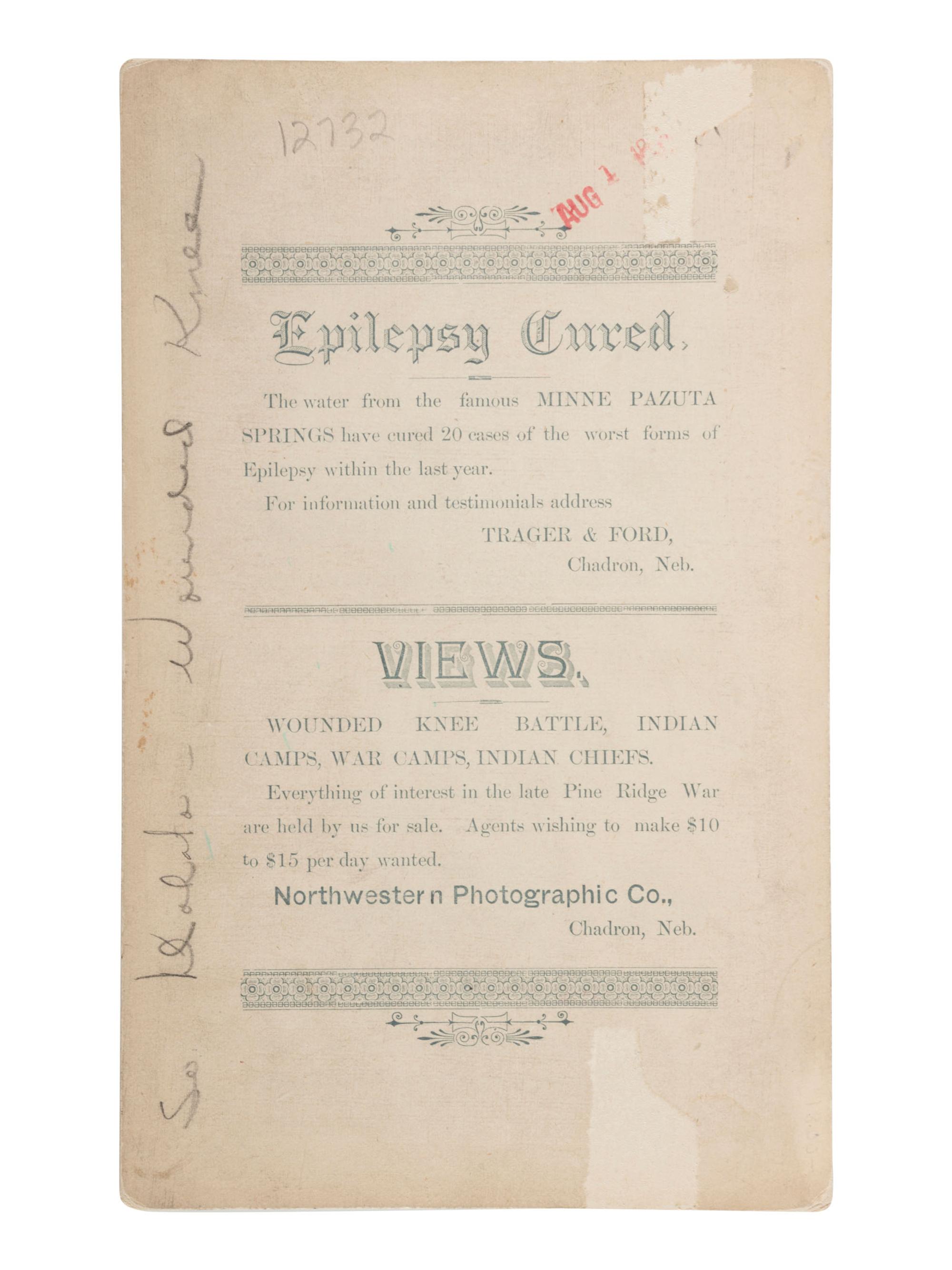 [LATE INDIAN WARS]. TRAGER & FORD, photographers. Boudoir photograph of General Nelson Miles and Buffalo Bill Cody at Wounded Knee. Chadron, Nebraska: Northwestern Photographic Co., January 1891.