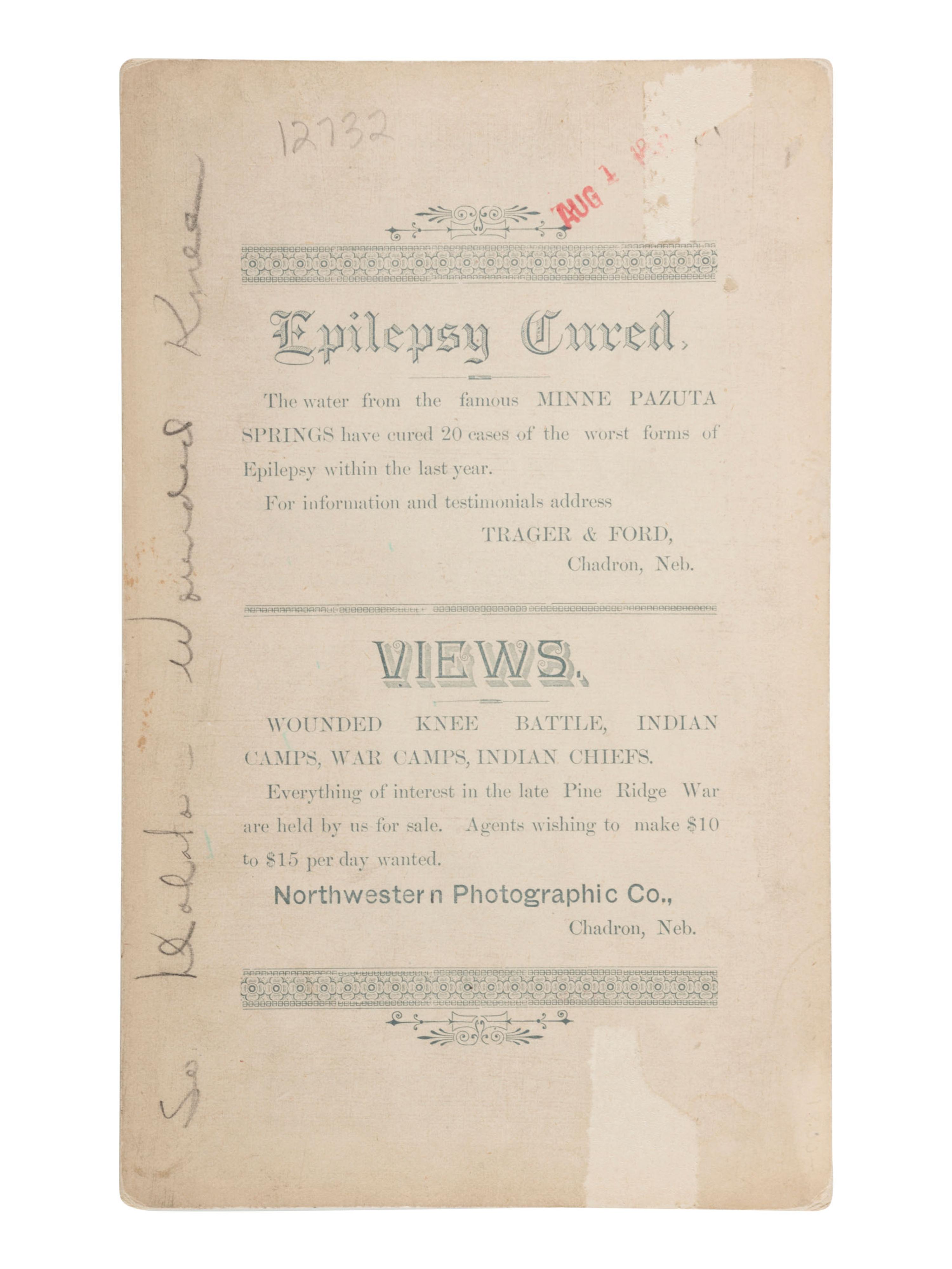[LATE INDIAN WARS]. TRAGER & FORD, photographers. Boudoir photograph of General Nelson Miles and Buffalo Bill Cody at Wounded Knee. Chadron, Nebraska: Northwestern Photographic Co., January 1891.