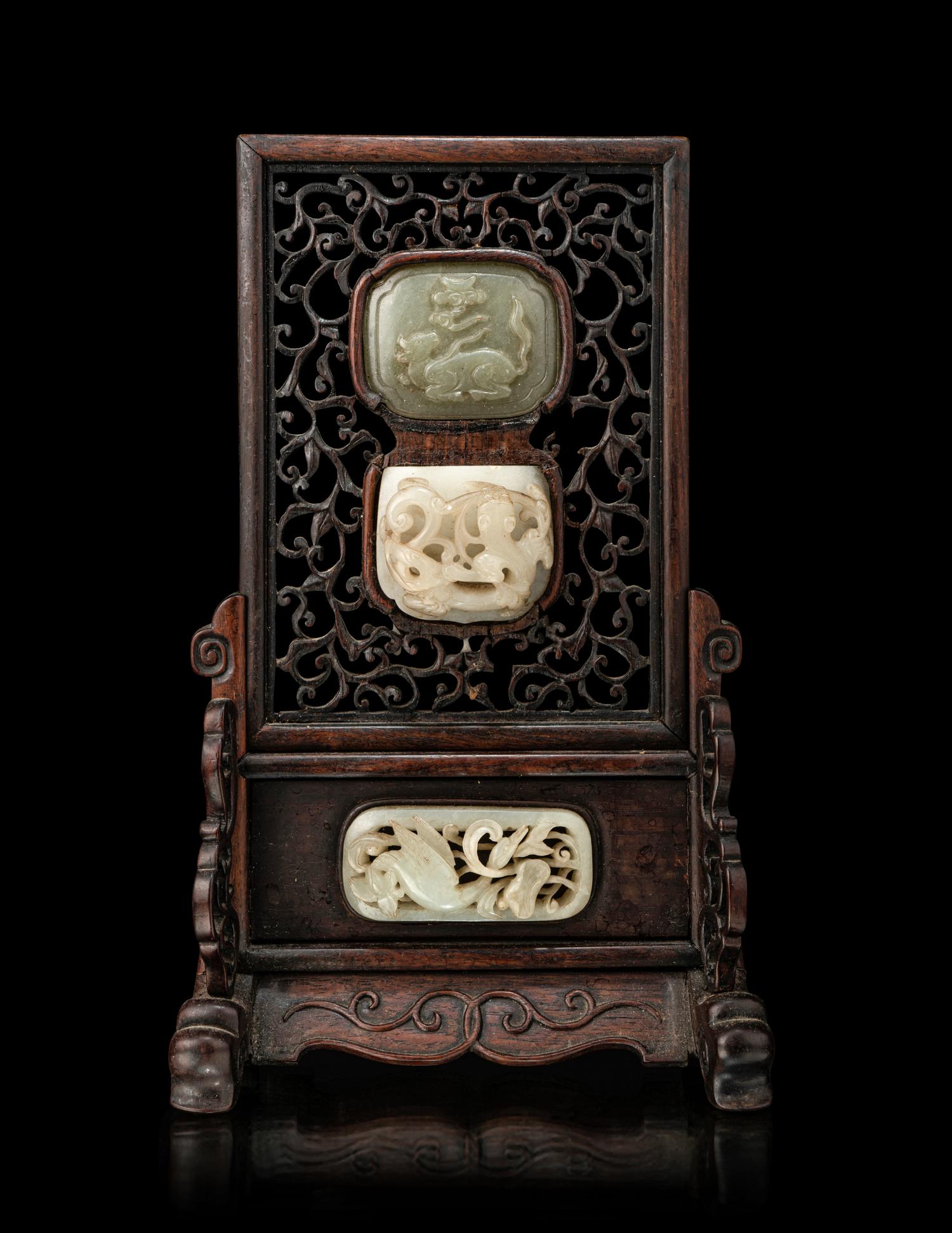 A Jade Inset Hardwood Table Screen