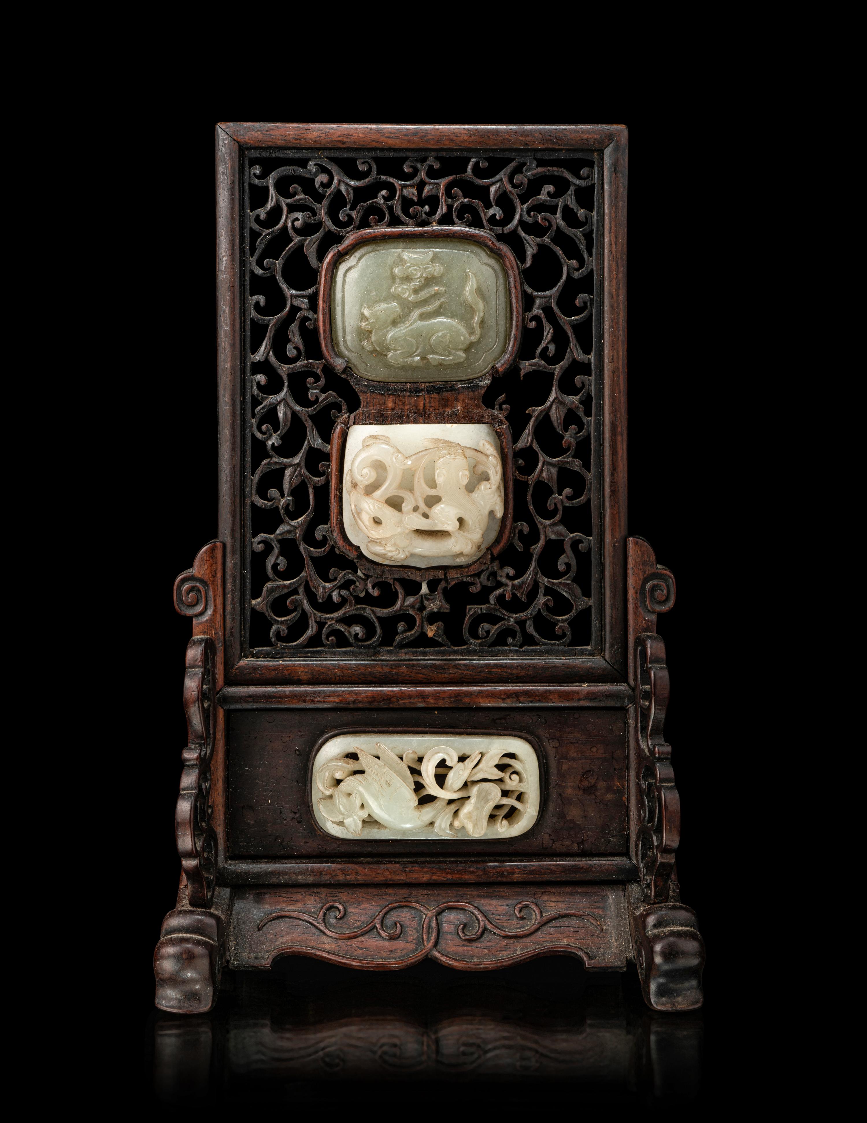 A Jade Inset Hardwood Table Screen