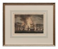 Three Nautical Color Engravings: Lord Howe in the Queen Charlotte, Bombardment of Algiers and Capture & Destruction of Four Spanish Frigates