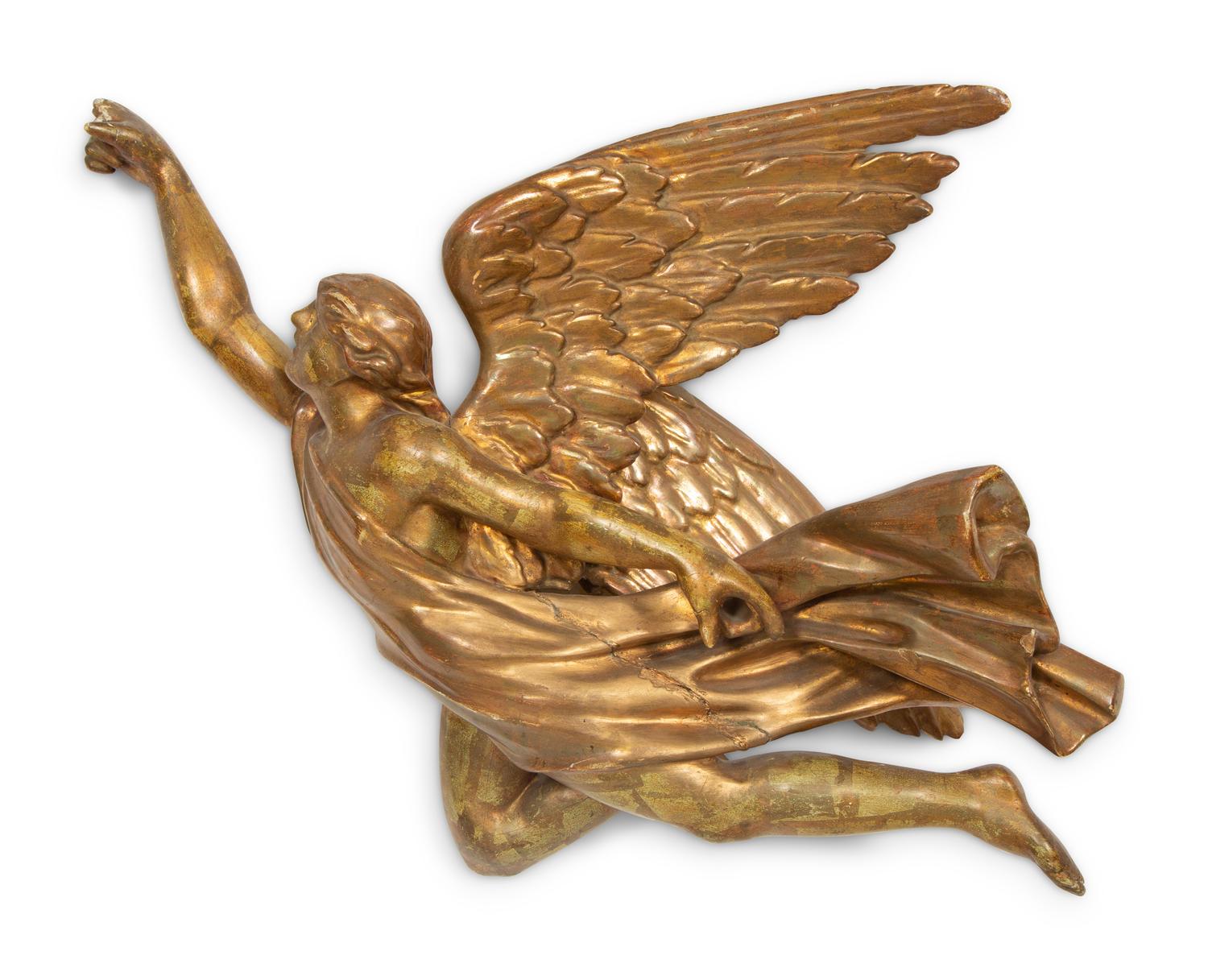 A Pair of Italian Carved Giltwood Winged Angel Appliqués