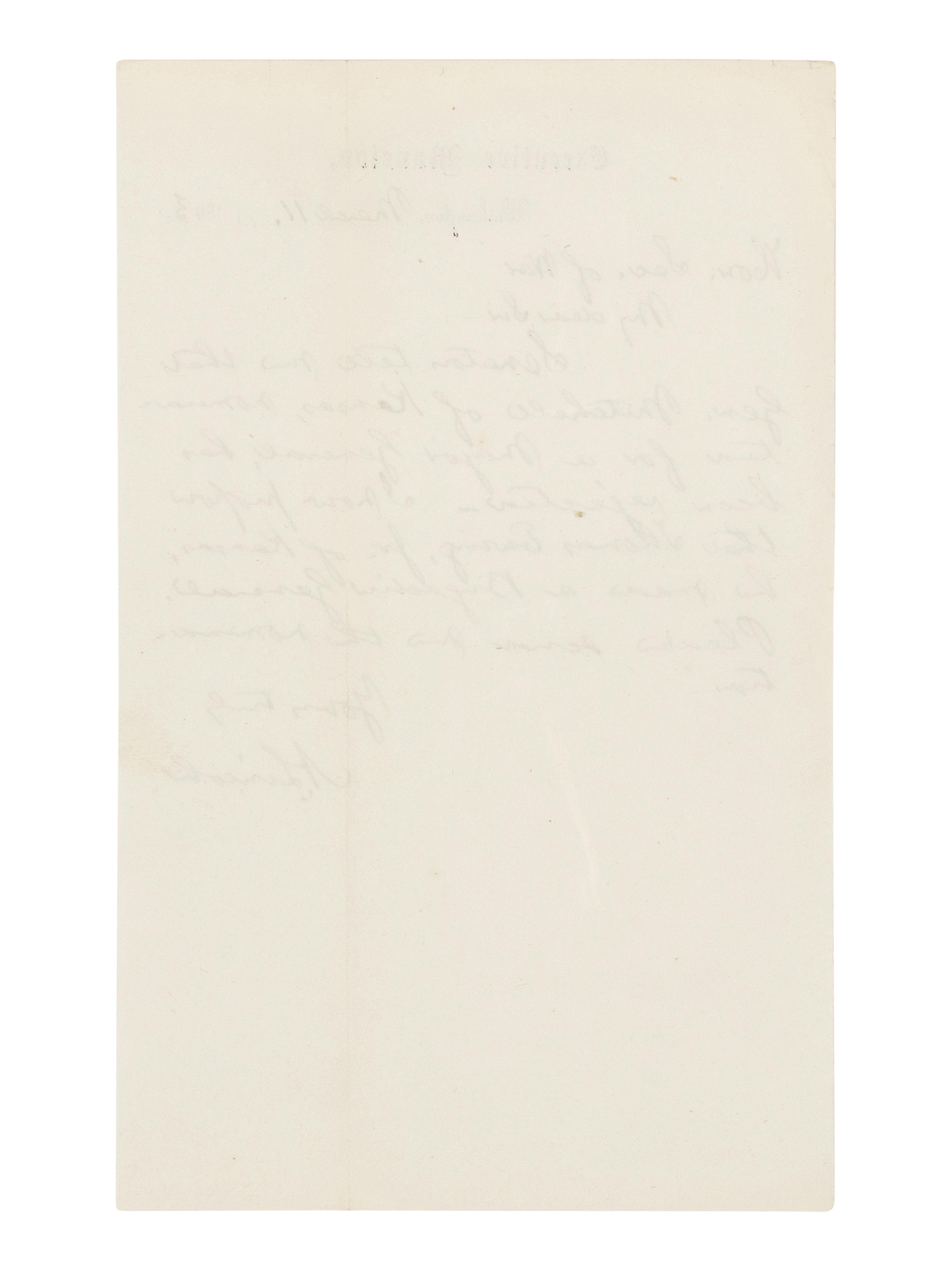 LINCOLN, Abraham (1809-1865). Autograph letter signed ("A. Lincoln") to Secretary of War Edwin M. Stanton. Executive Mansion, Washington, D.C., 11 March 1863.