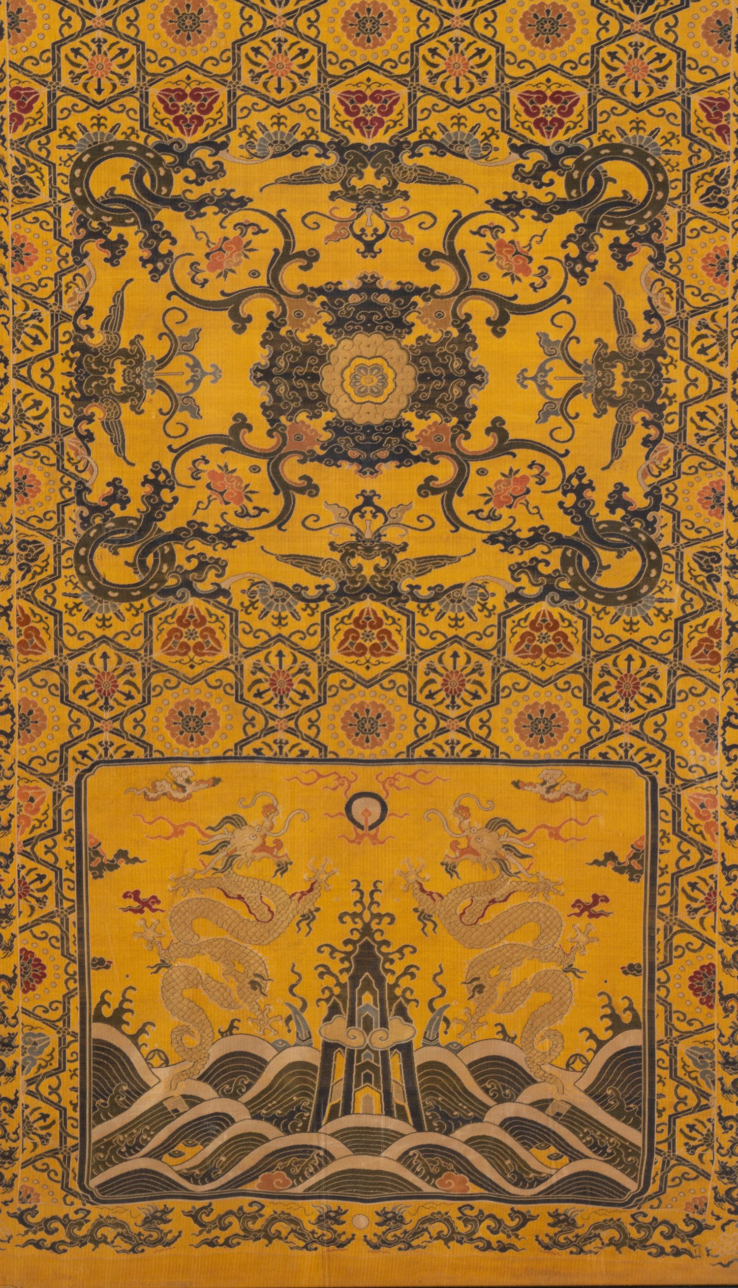 A Pair of Chinese Yellow Ground Brocade Woven 'Dragon' Silk Chair Covers