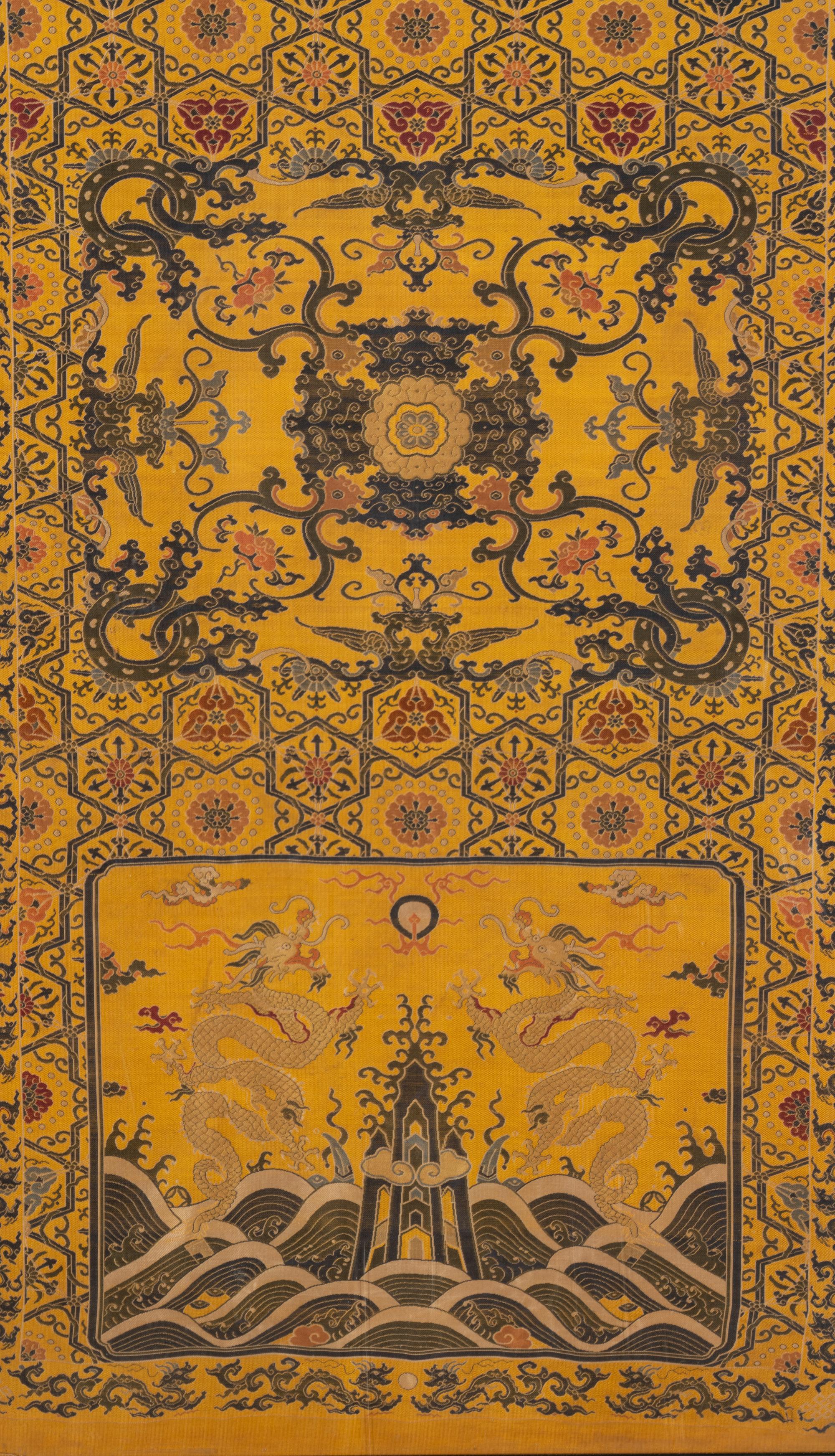 A Pair of Chinese Yellow Ground Brocade Woven 'Dragon' Silk Chair Covers