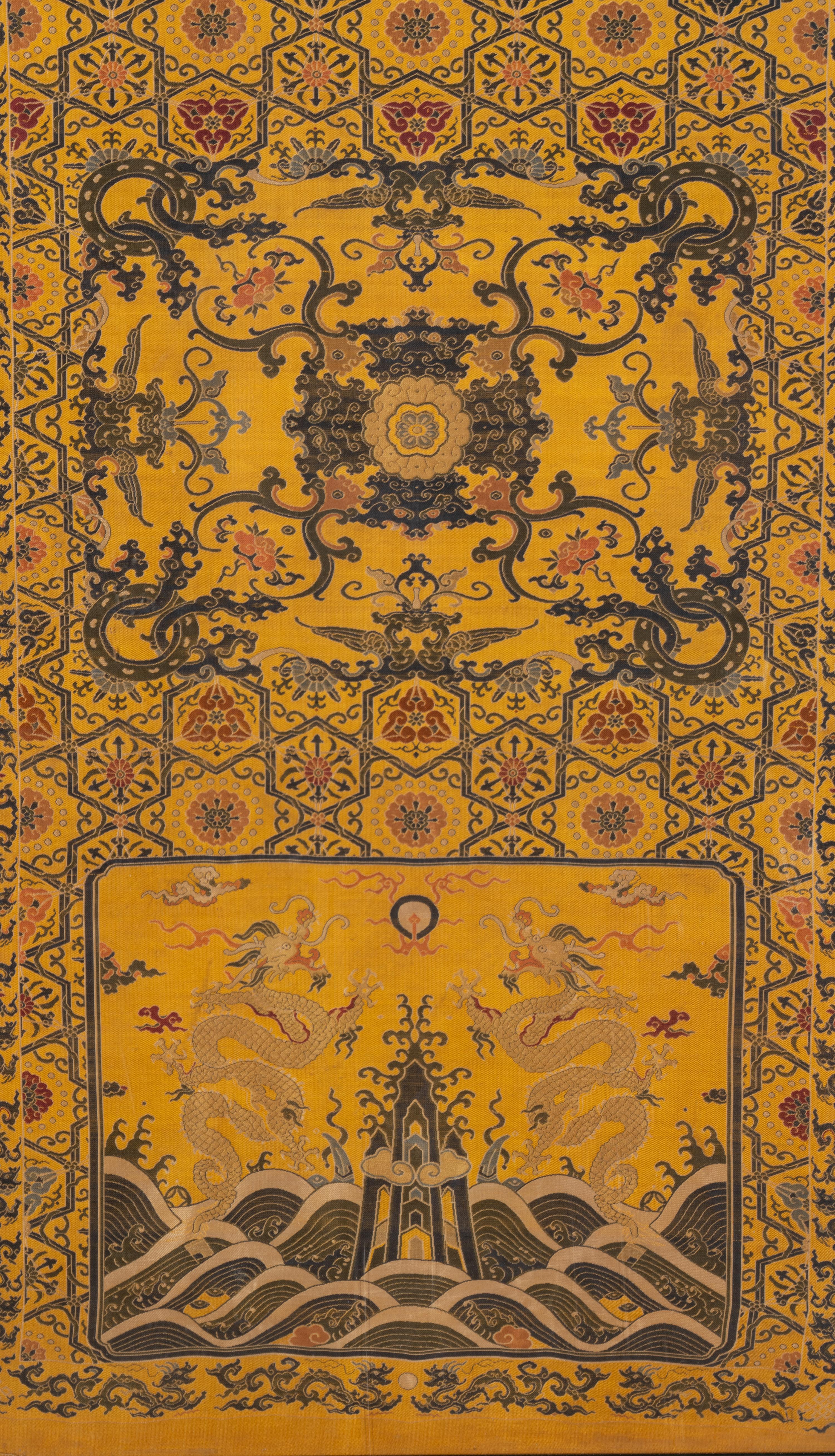 A Pair of Chinese Yellow Ground Brocade Woven 'Dragon' Silk Chair Covers