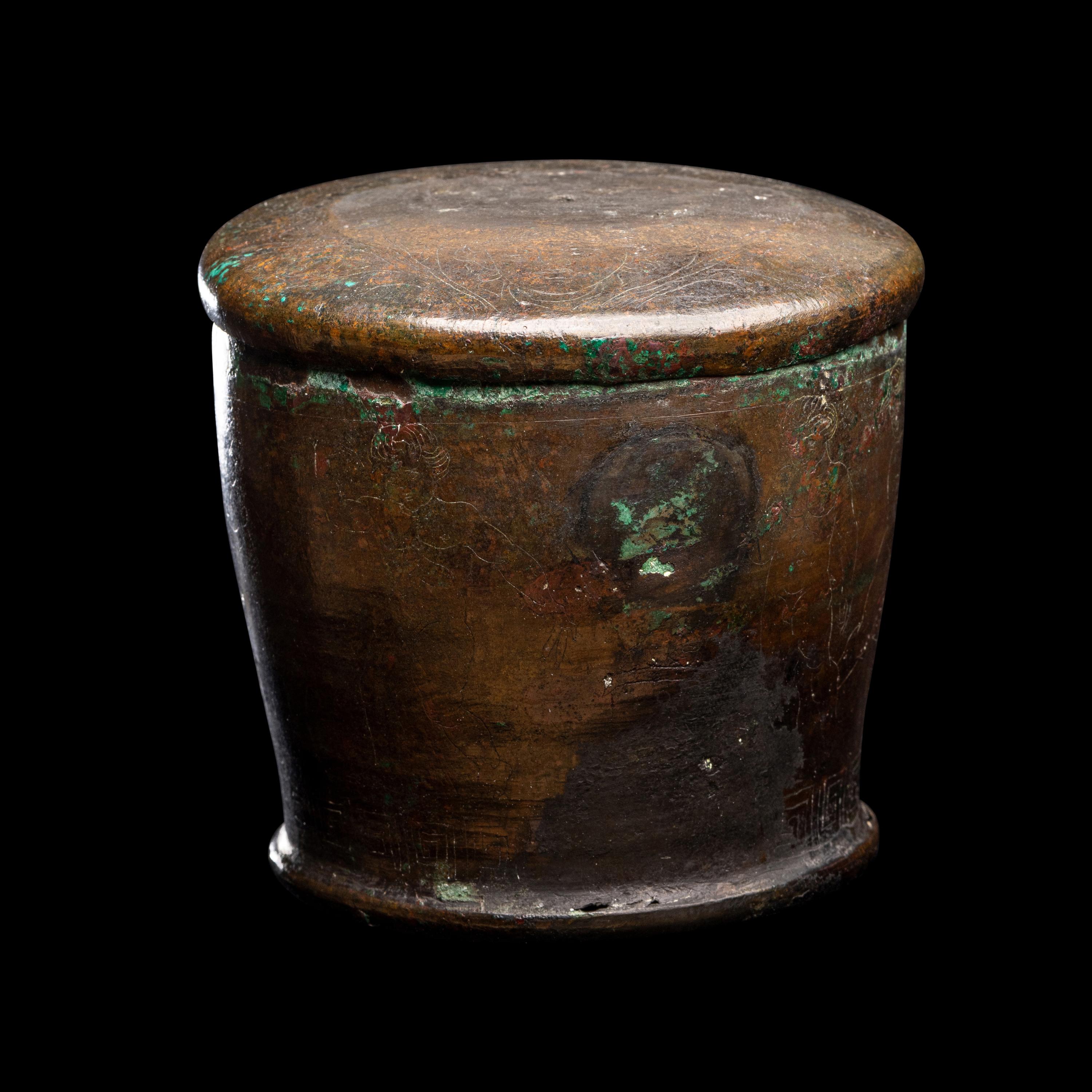 An Etruscan Bronze Lidded Pyxis with a Dionysiac Scene