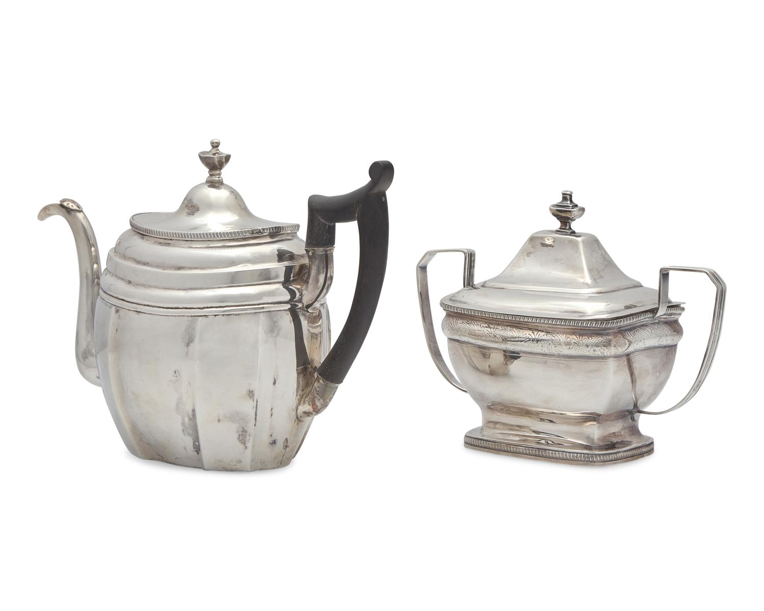 A Federal Silver Teapot and Covered Sugar Dish, Joseph Shoemaker (1765-1829) and Joseph Lownes (1758-1820), Philadelphia, PA, Circa 1800-1810