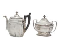A Federal Silver Teapot and Covered Sugar Dish, Joseph Shoemaker (1765-1829) and Joseph Lownes (1758-1820), Philadelphia, PA, Circa 1800-1810