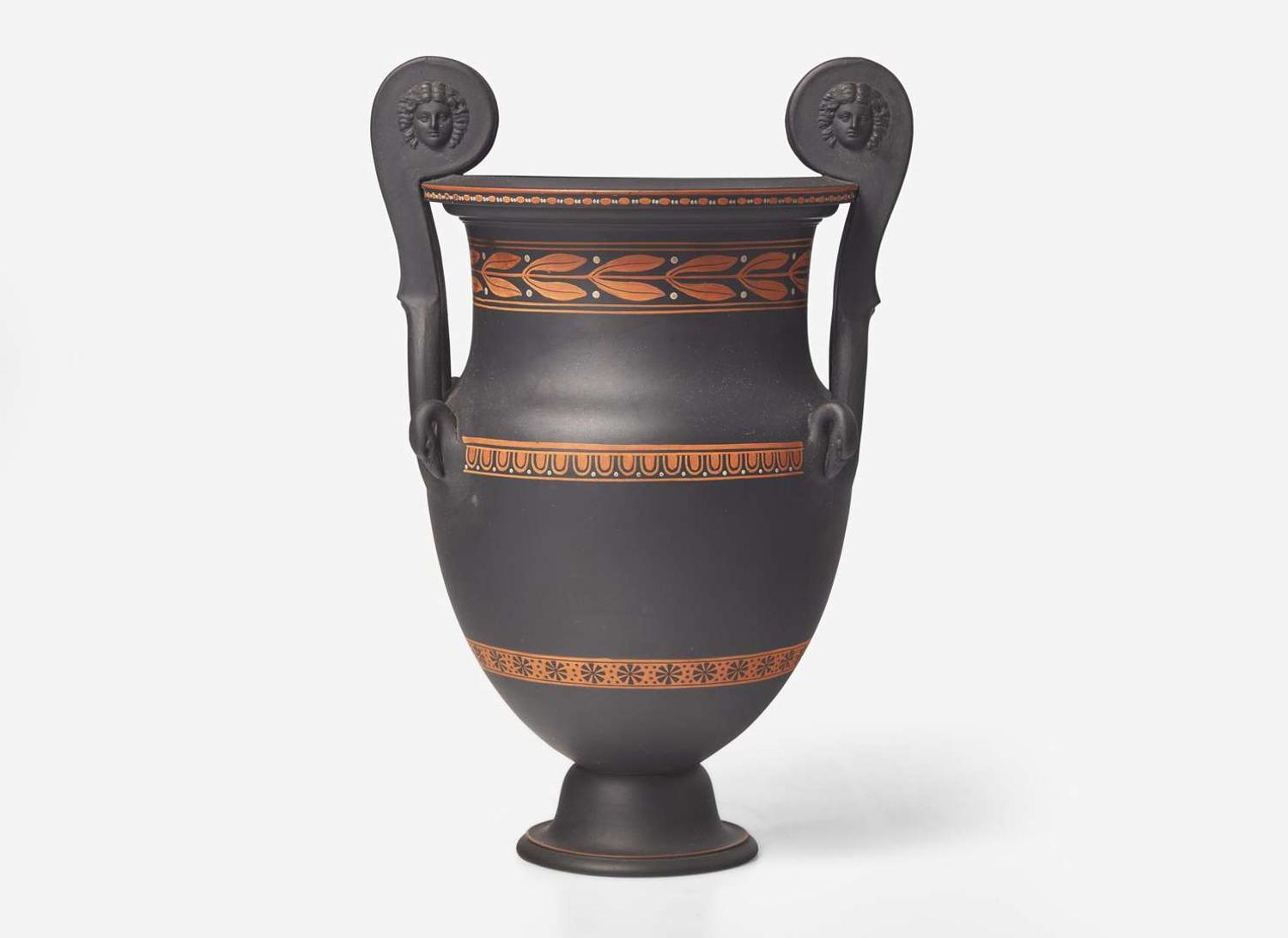 A Wedgwood Black Basalt Encaustic Decorated Handled Vase, UK, circa 1800