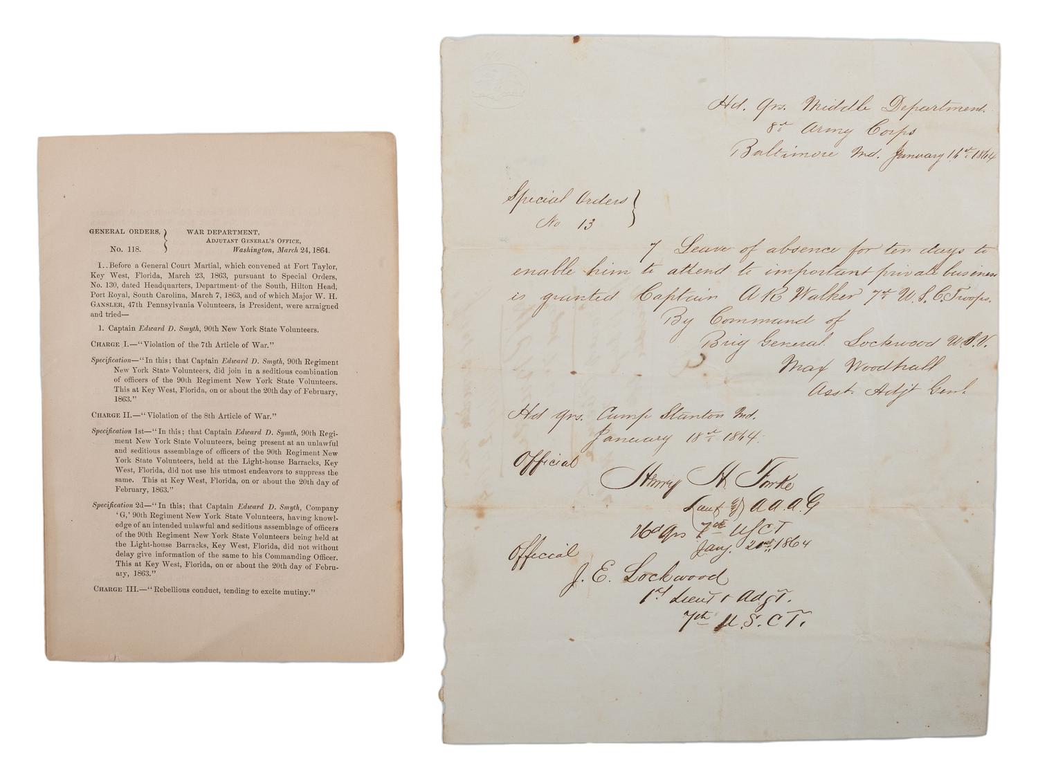 [CIVIL WAR]. A group of 9 documents related to the 7th US Colored Troops including muster rolls and appointments for 2nd Lieutenant Joseph M. Califf.