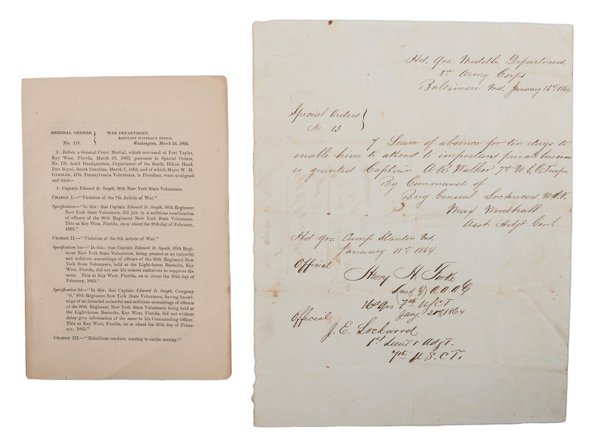 [CIVIL WAR]. A group of 9 documents related to the 7th US Colored Troops including muster rolls and appointments for 2nd Lieutenant Joseph M. Califf.