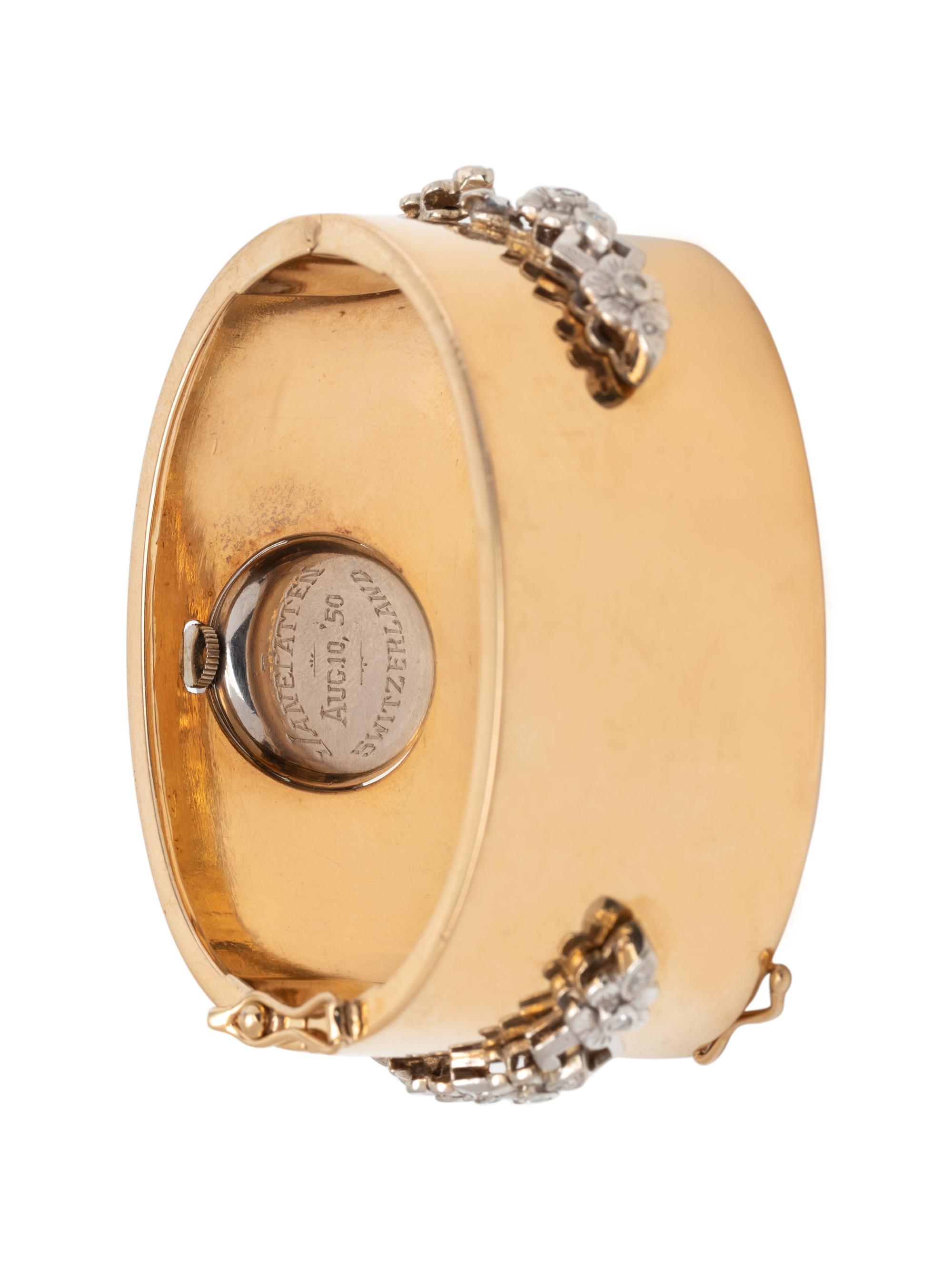 ROLEX, PLATINUM, DIAMOND AND YELLOW GOLD BANGLE WRISTWATCH