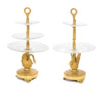 A Pair of Empire Style Gilt Bronze and Cut Glass Three-Tier Stands Height 18 inches.