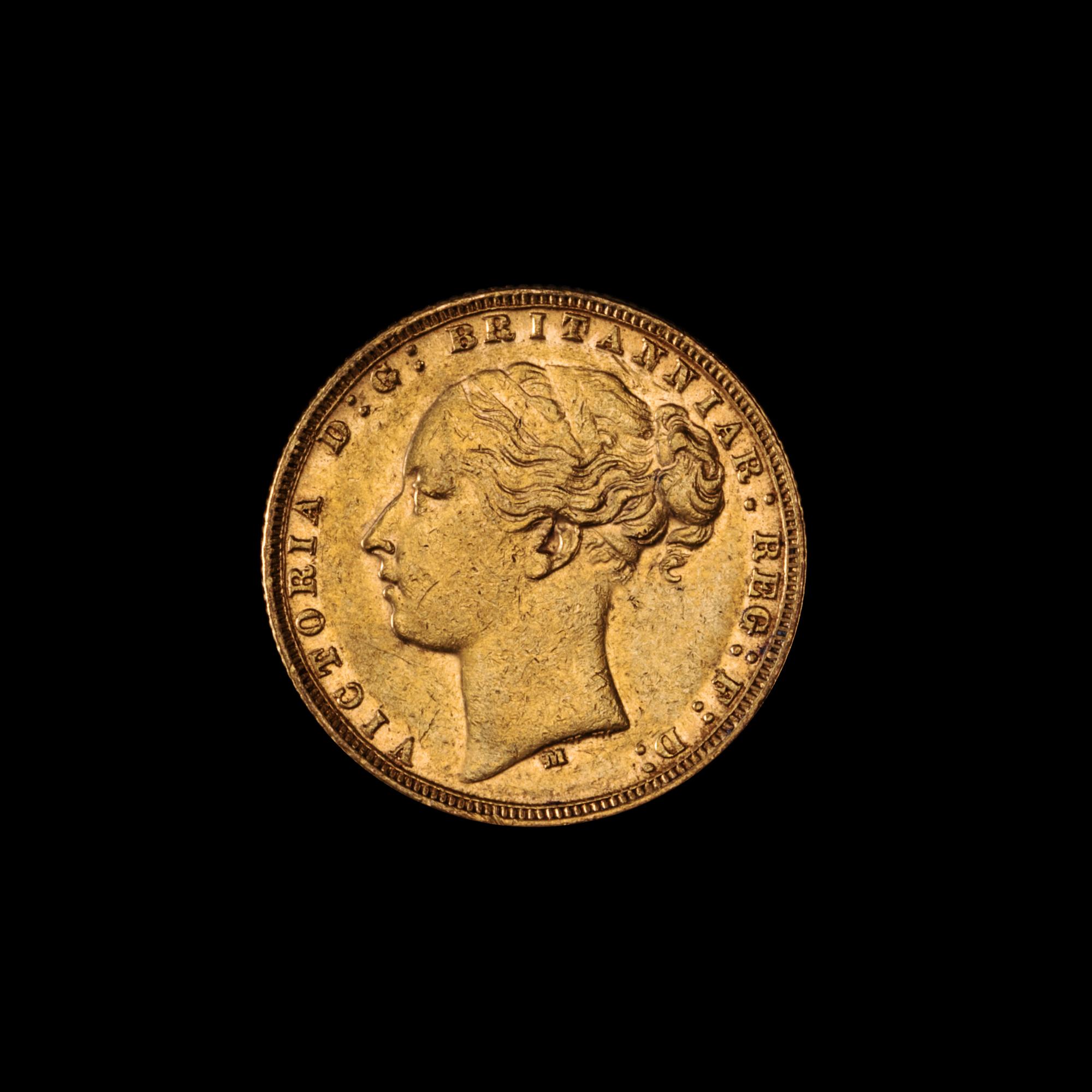 A United Kingdom 1873-M Sovereign: Young Victoria-Melbourne Mint Gold Coin