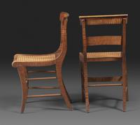 A Set of Six Classical Tiger Maple Cane-Seat Dining Chairs