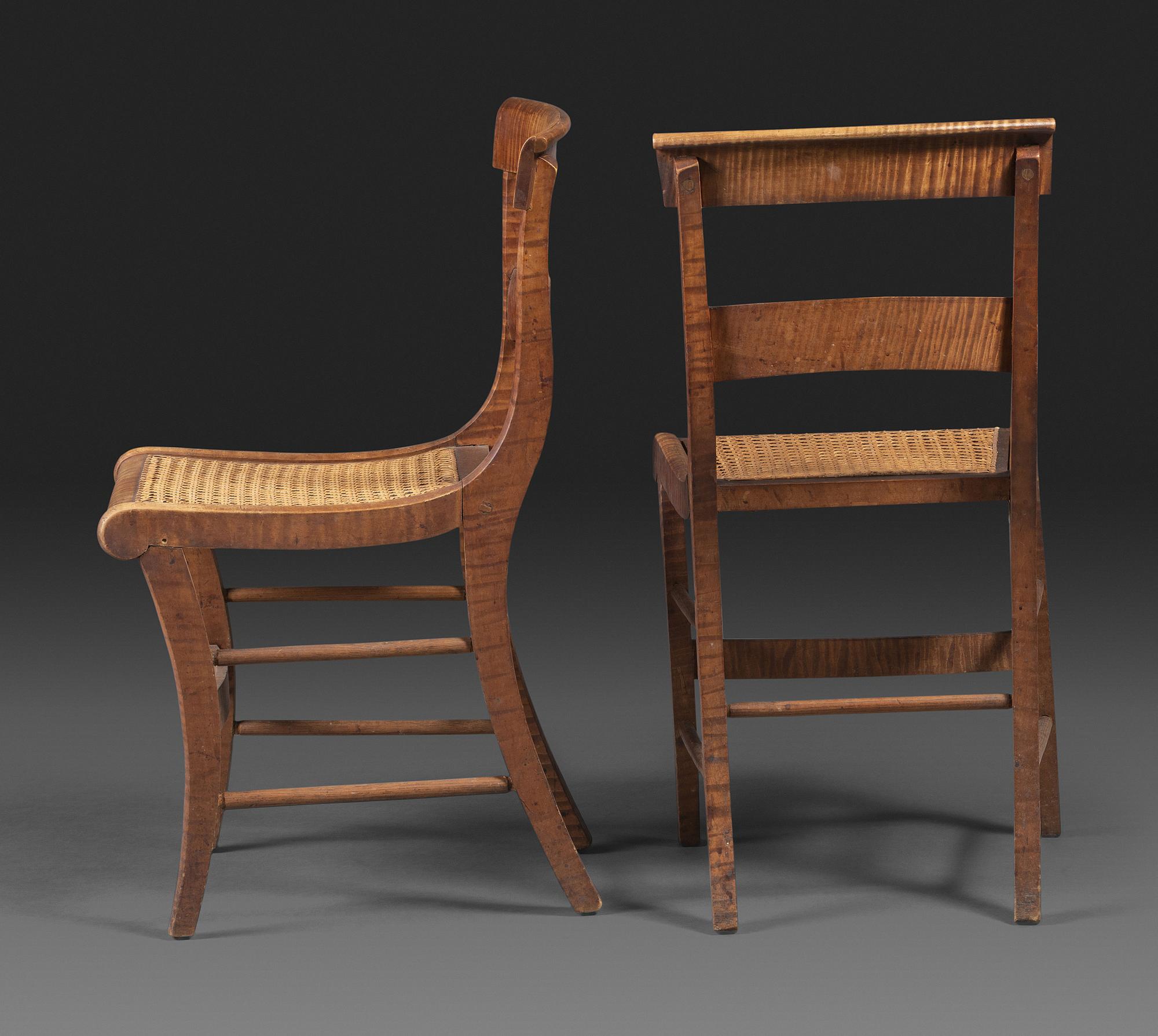 A Set of Six Classical Tiger Maple Cane-Seat Dining Chairs