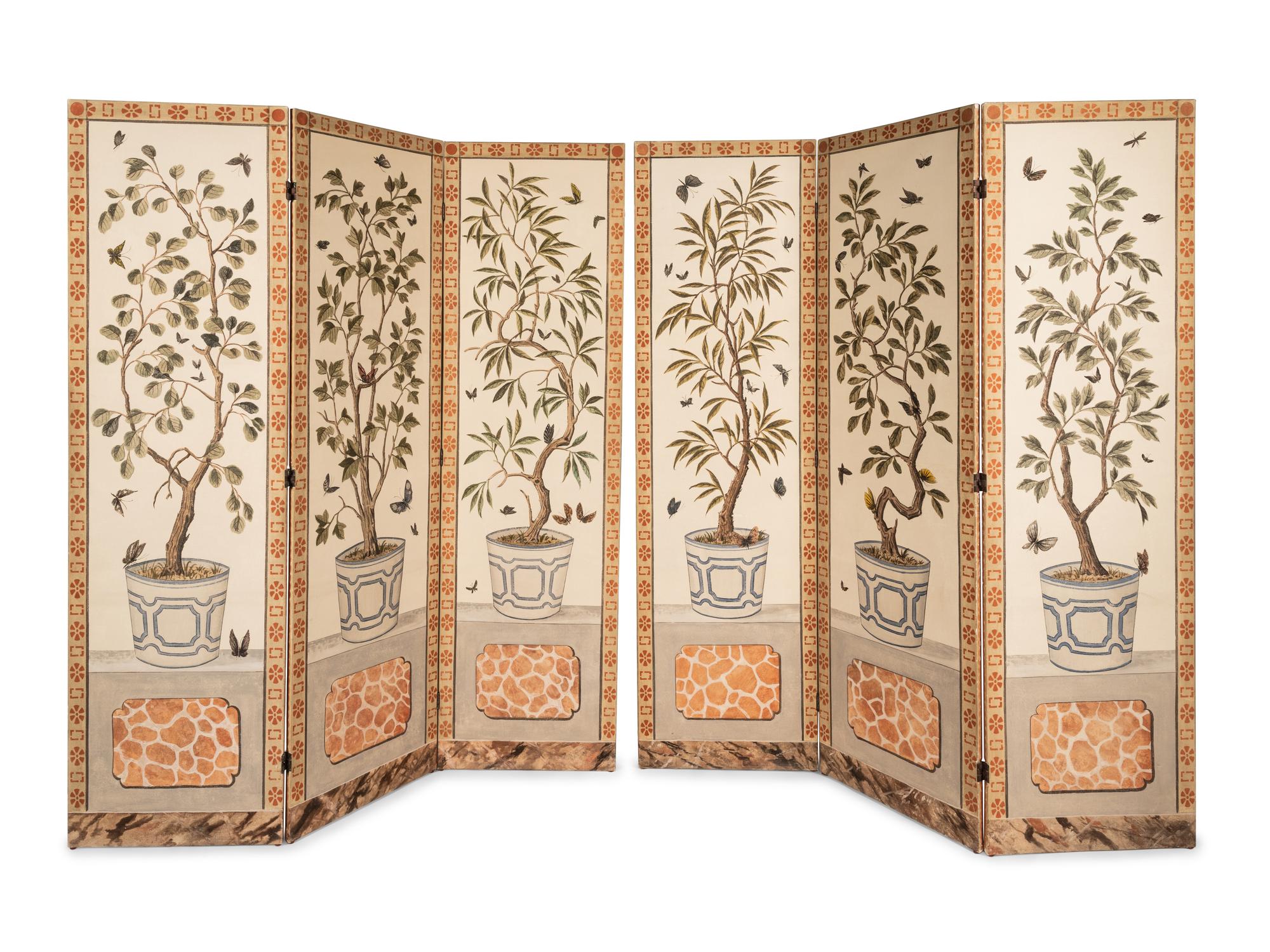 A Pair of Painted Three-Panel Screens