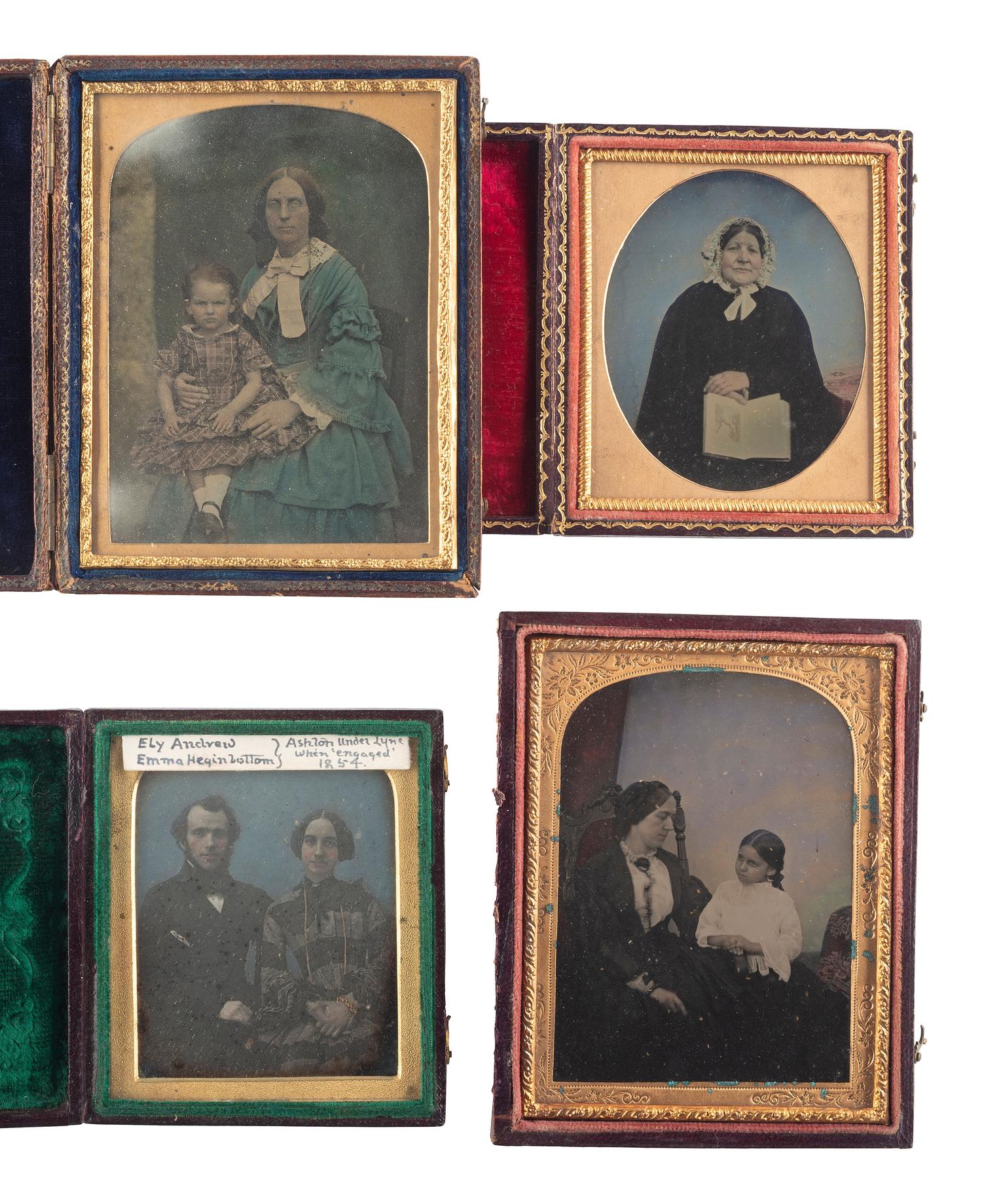 [EARLY PHOTOGRAPHY]. A group of 13 European daguerreotype and ambrotype portraits featuring applied color, including: