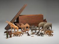 A Folk Art Carved Noah's Ark with Lift-Off Cover and Twenty-Four Figures