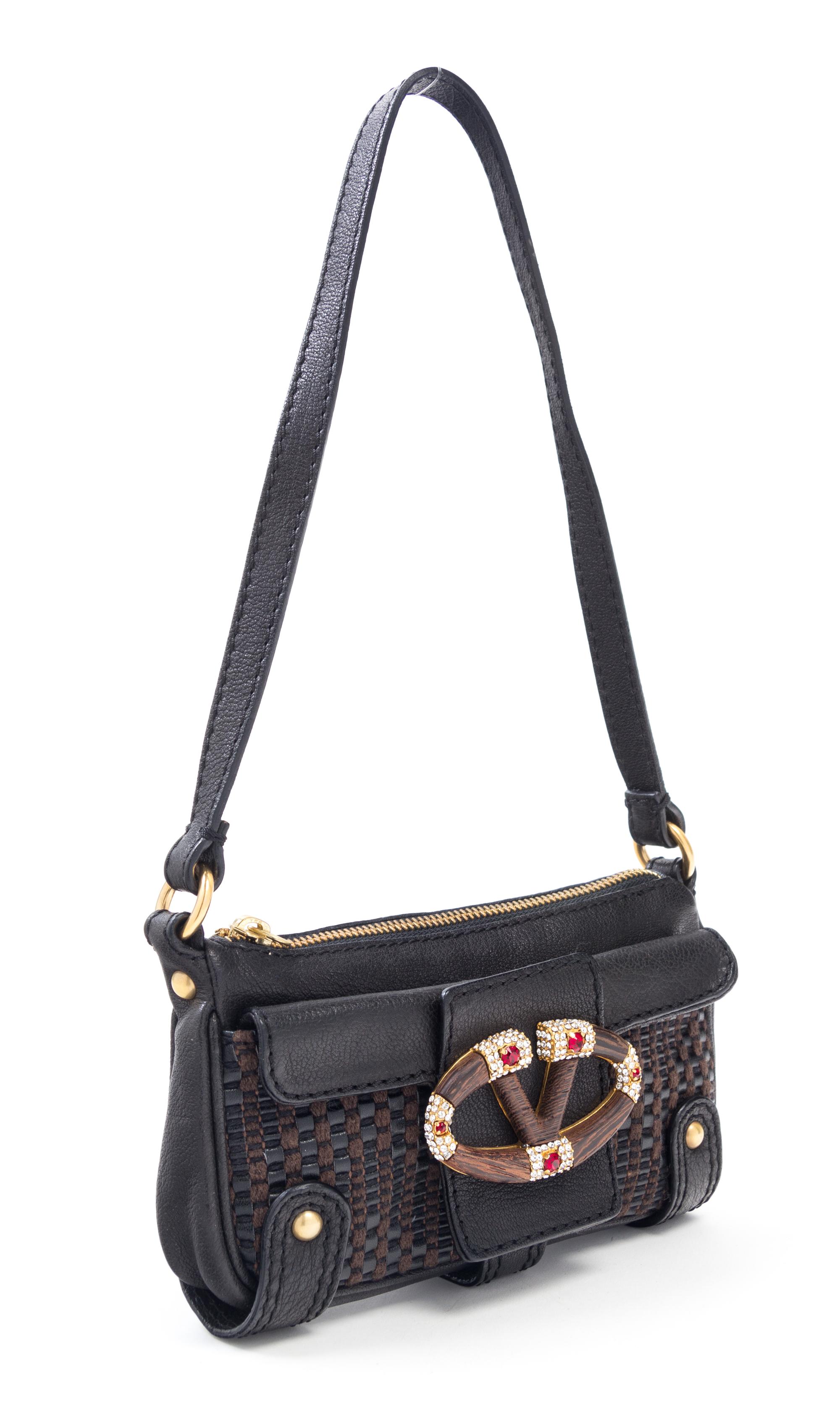 Valentino Brown Leather Woven Handbag, 1990-2000s 7.5" x 4.5" x 1"; Strap drop: 9.5"