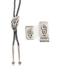 Hopi Silver Overlay Bolo, Belt Buckle and Money Clip Height of bolo 2 inches