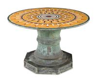 A Continental Specimen Marble Table Top with an Associated Verdigris Bronze Base