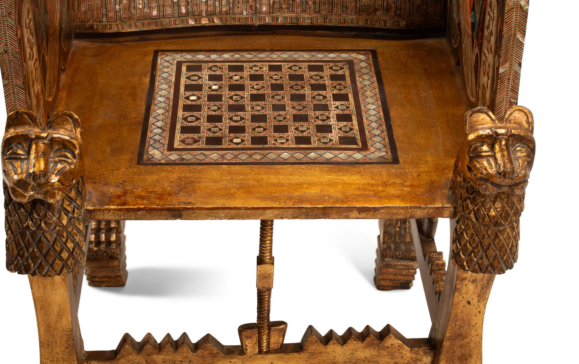 An Egyptian Style Abalone Inlaid Marquetry and Giltwood Armchair