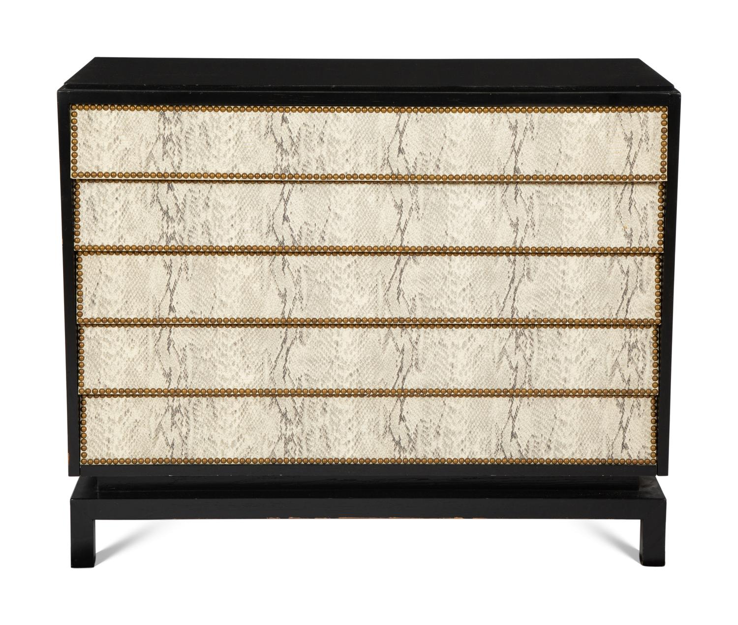 A Pair of Custom Black Painted Chests of Drawers with Faux-Python Veneered Drawer Fronts